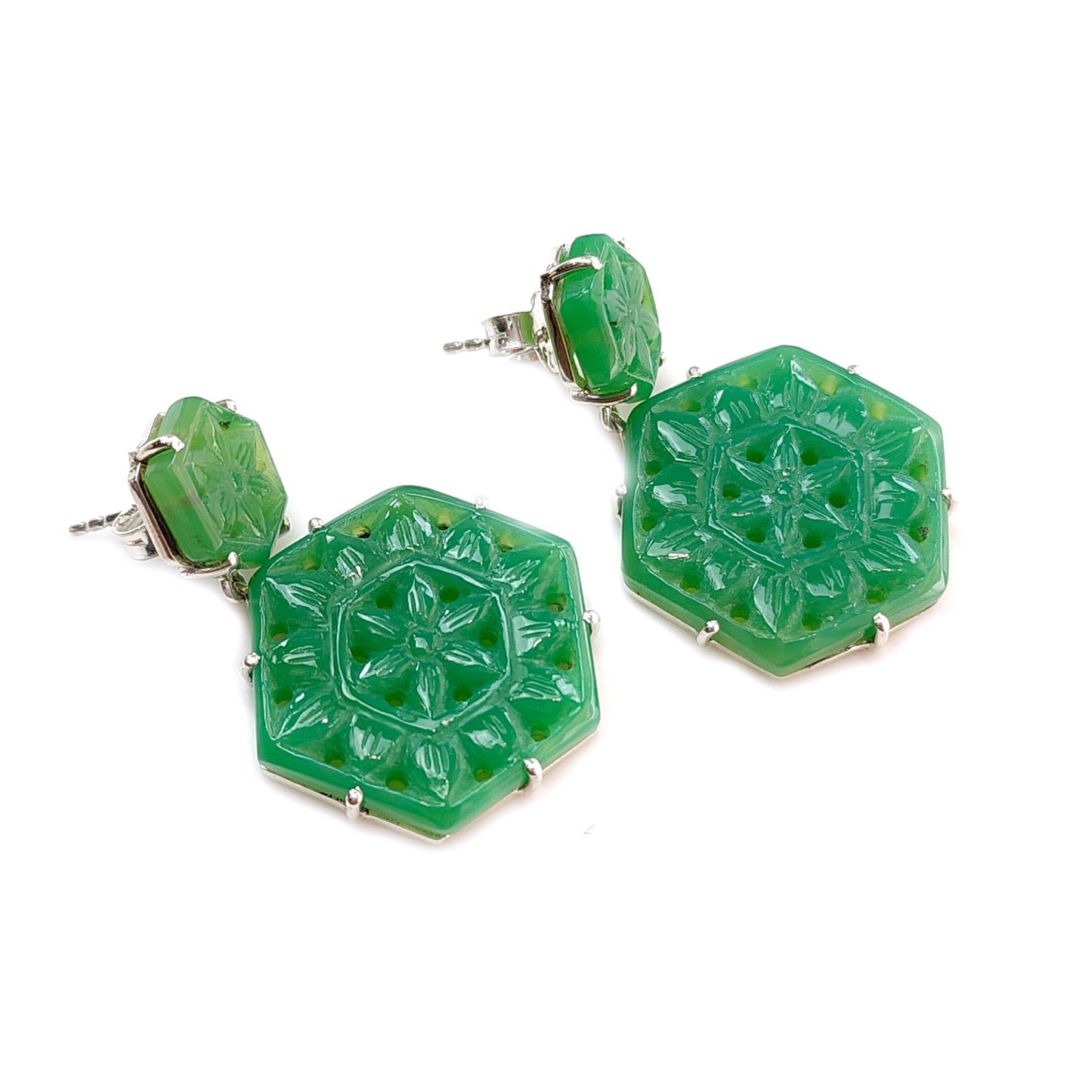 Green Onyx Carving Silver Earring: 11.64gms Natural Onyx Hand Carved Hexagon Shape 925 Sterling Silver Prong Set Push Back Stud Earring 1.5"
