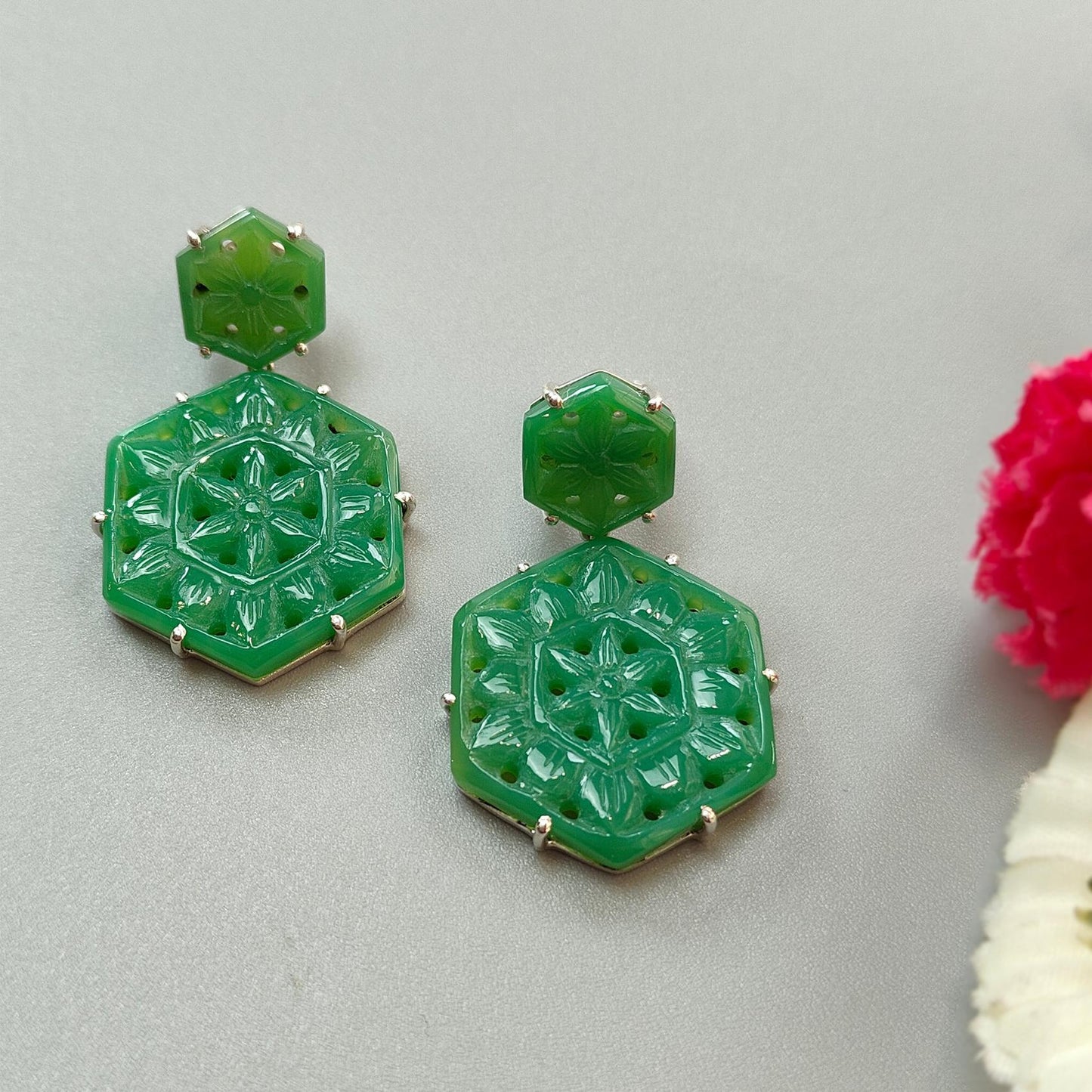 Green Onyx Carving Silver Earring: 11.64gms Natural Onyx Hand Carved Hexagon Shape 925 Sterling Silver Prong Set Push Back Stud Earring 1.5"