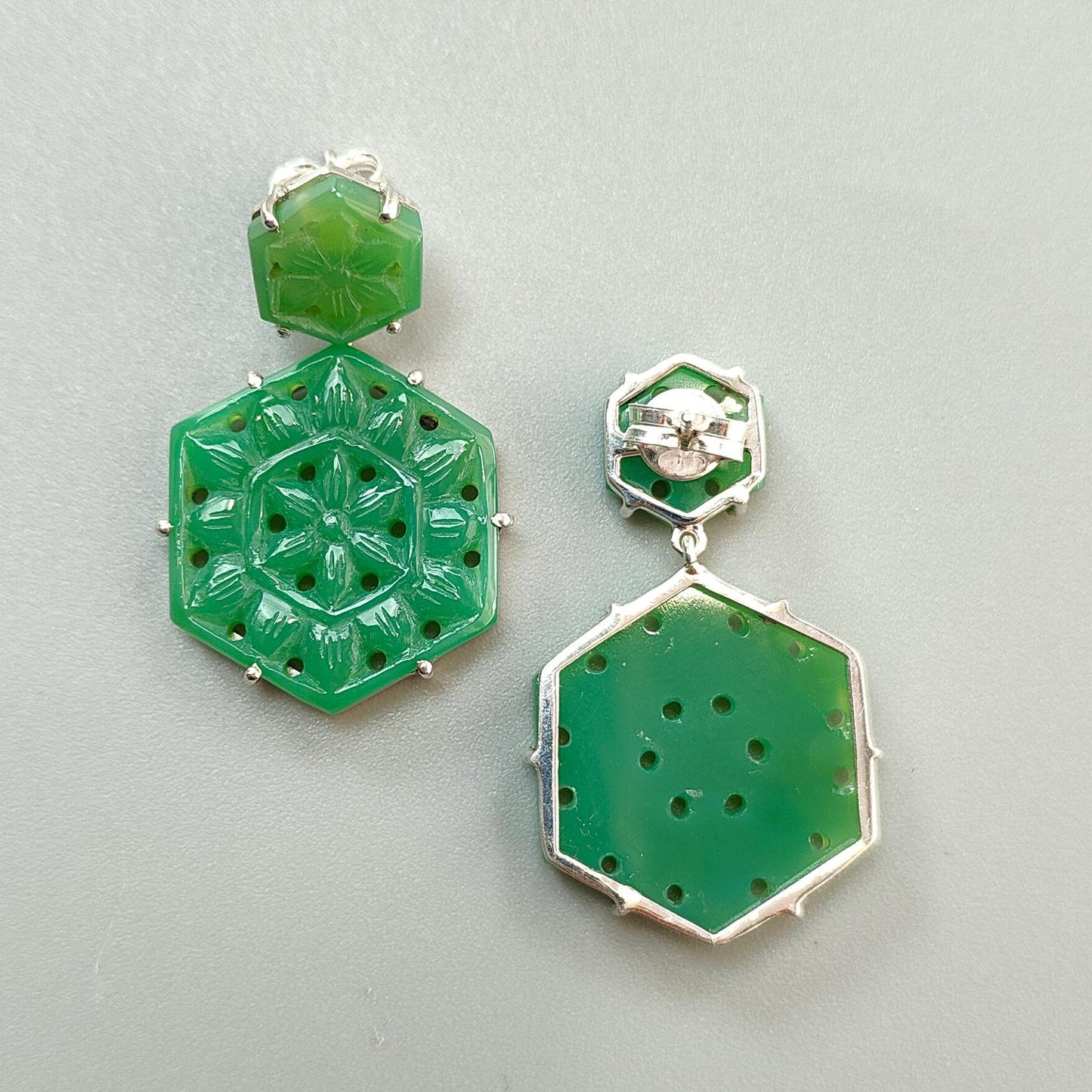 Green Onyx Carving Silver Earring: 11.64gms Natural Onyx Hand Carved Hexagon Shape 925 Sterling Silver Prong Set Push Back Stud Earring 1.5"