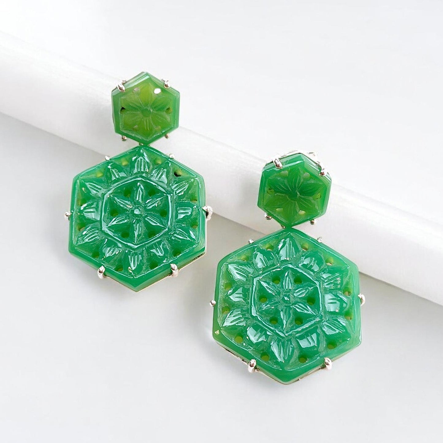 Green Onyx Carving Silver Earring: 11.64gms Natural Onyx Hand Carved Hexagon Shape 925 Sterling Silver Prong Set Push Back Stud Earring 1.5"