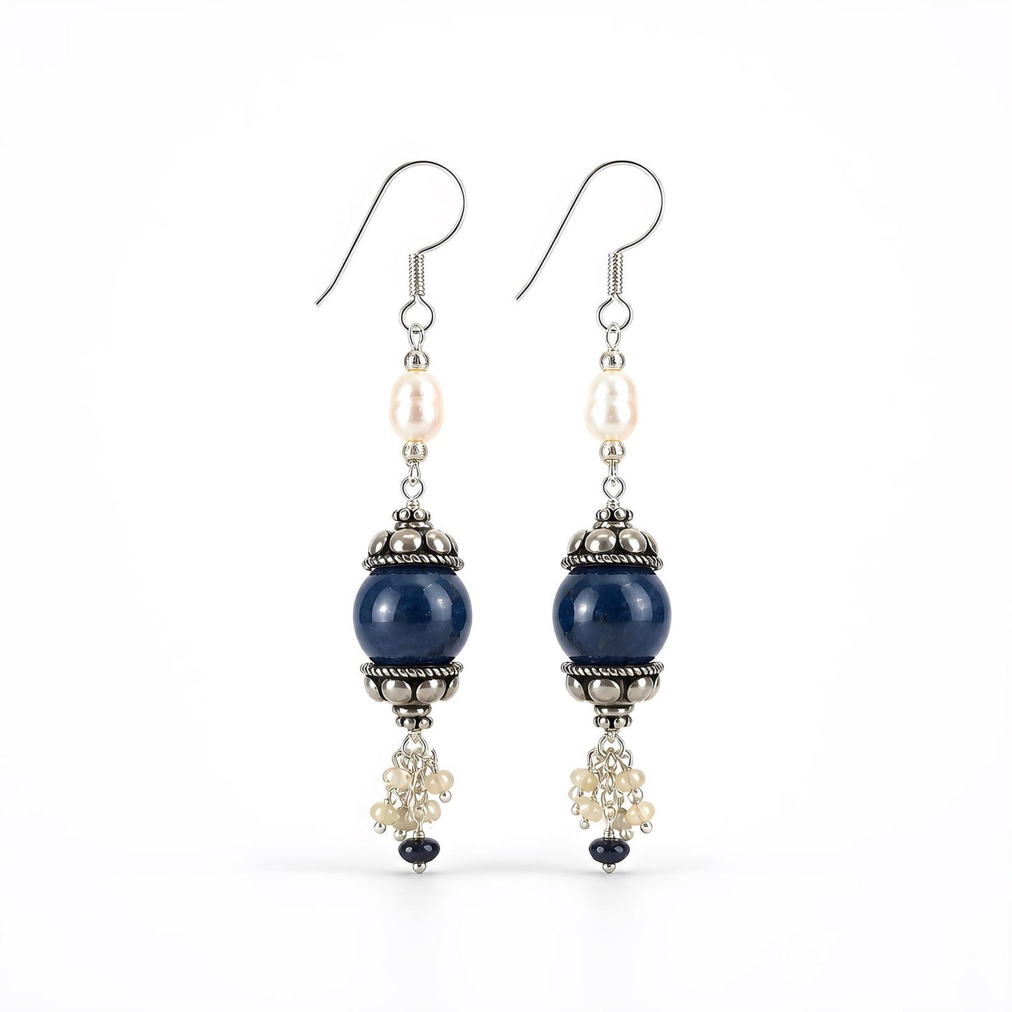 Sapphire, Pearl Beads Sterling Silver Earring