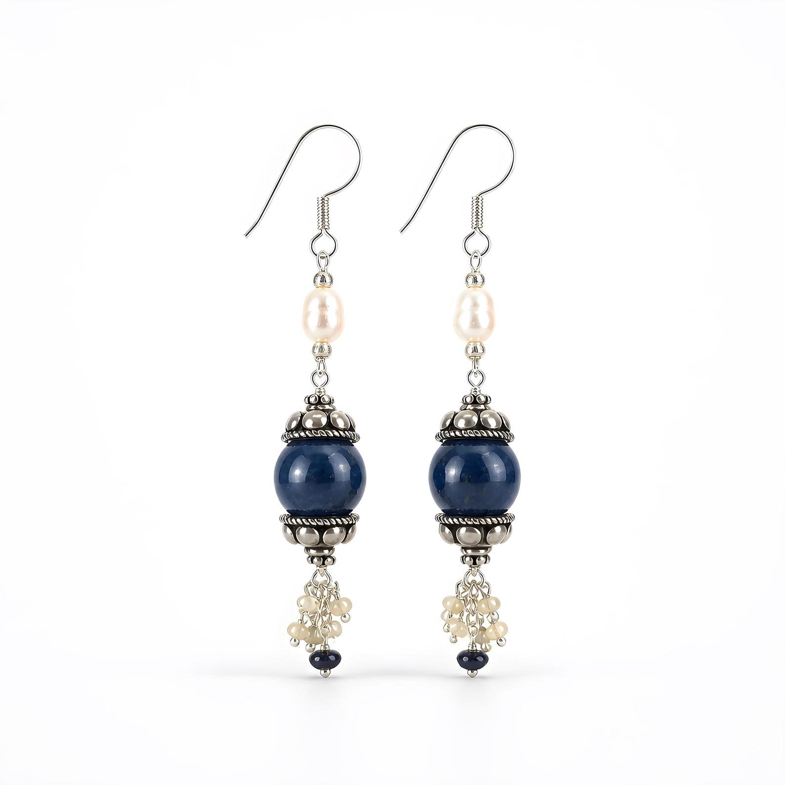 Sapphire, Pearl Beads Sterling Silver Earring