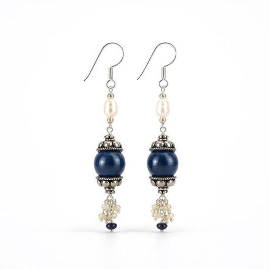 Sapphire, Pearl Beads Sterling Silver Earring
