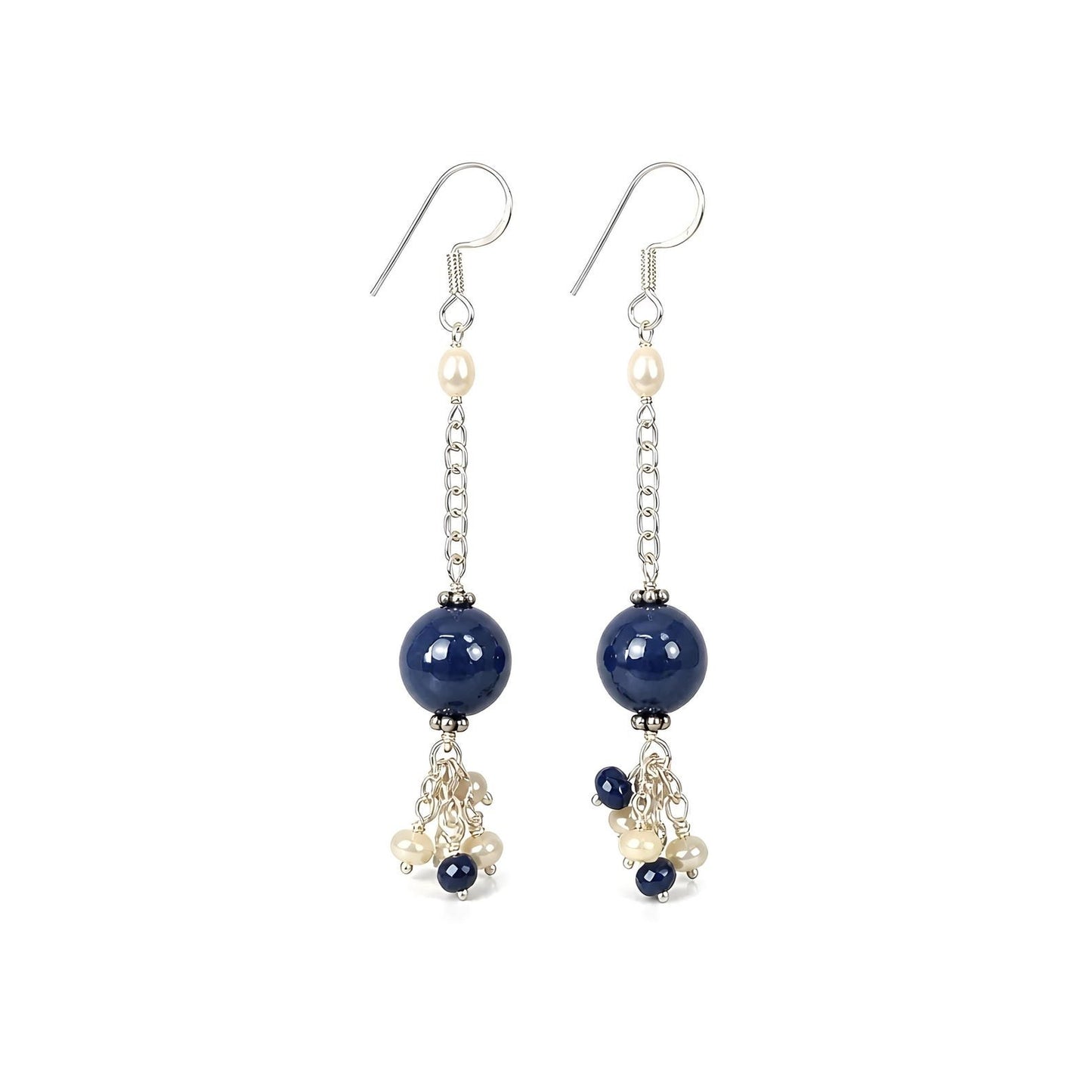 Sapphire peral Beads Ball Silver Earring