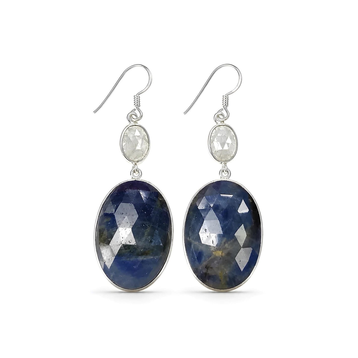 14.56gms Natural Sapphire, Aquamarine Gemstone 925 Silver Dangle Bezel Set Earring 2.24"