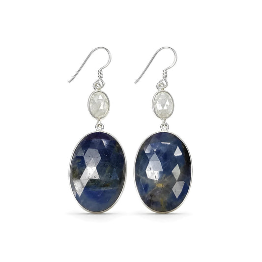 14.56gms Natural Sapphire, Aquamarine Gemstone 925 Silver Dangle Bezel Set Earring 2.24"