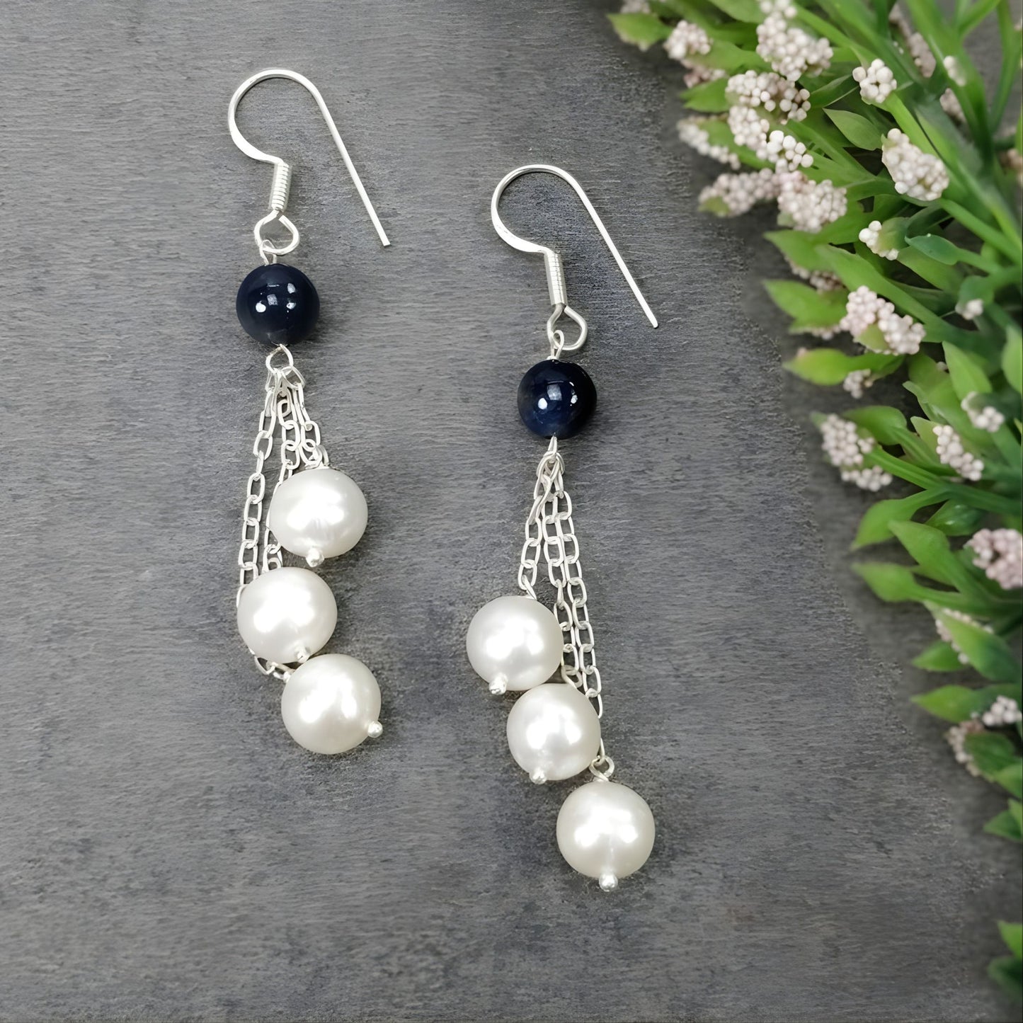 35.65cts Sapphire, Pearl Gemstone Earring Natural 925 Sterling Silver Long Drop Dangle Hook
