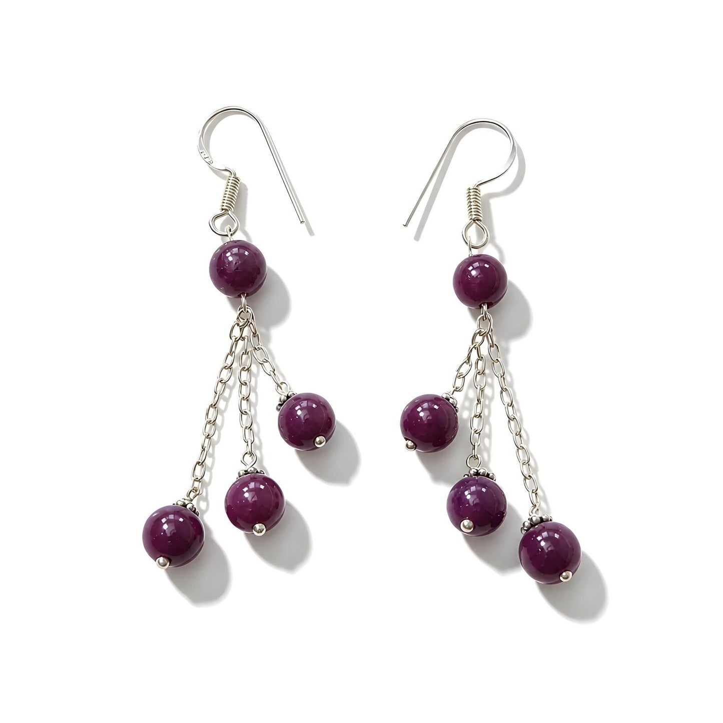 8.27gms Natural Ruby Plain Beads 925 Sterling Silver Long Drop Dangle Hook Earrings 2.5"