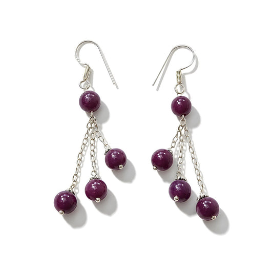 8.27gms Natural Ruby Plain Beads 925 Sterling Silver Long Drop Dangle Hook Earrings 2.5"