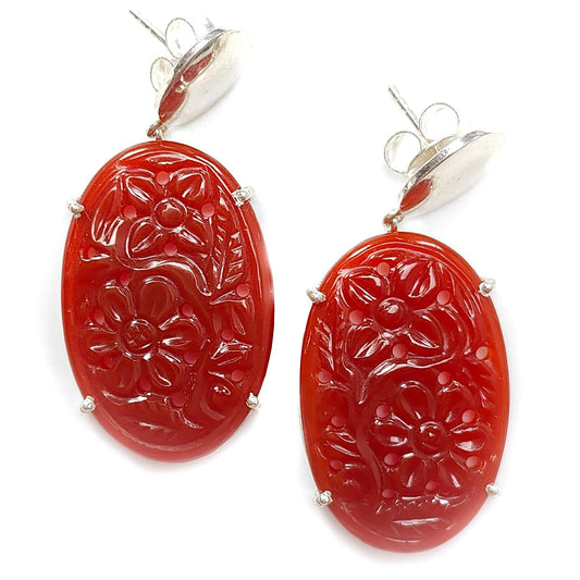 Orange Onyx Carving Silver Earring: 11.70gms Natural Onyx Gemstone Oval Shape Hand Carved 925 Sterling Silver Prong Set Stud Push Back Earring 1.70"