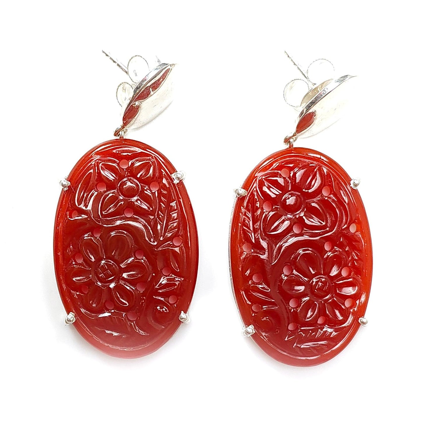 Orange Onyx Carving Silver Earring: 11.70gms Natural Onyx Gemstone Oval Shape Hand Carved 925 Sterling Silver Prong Set Stud Push Back Earring 1.70"