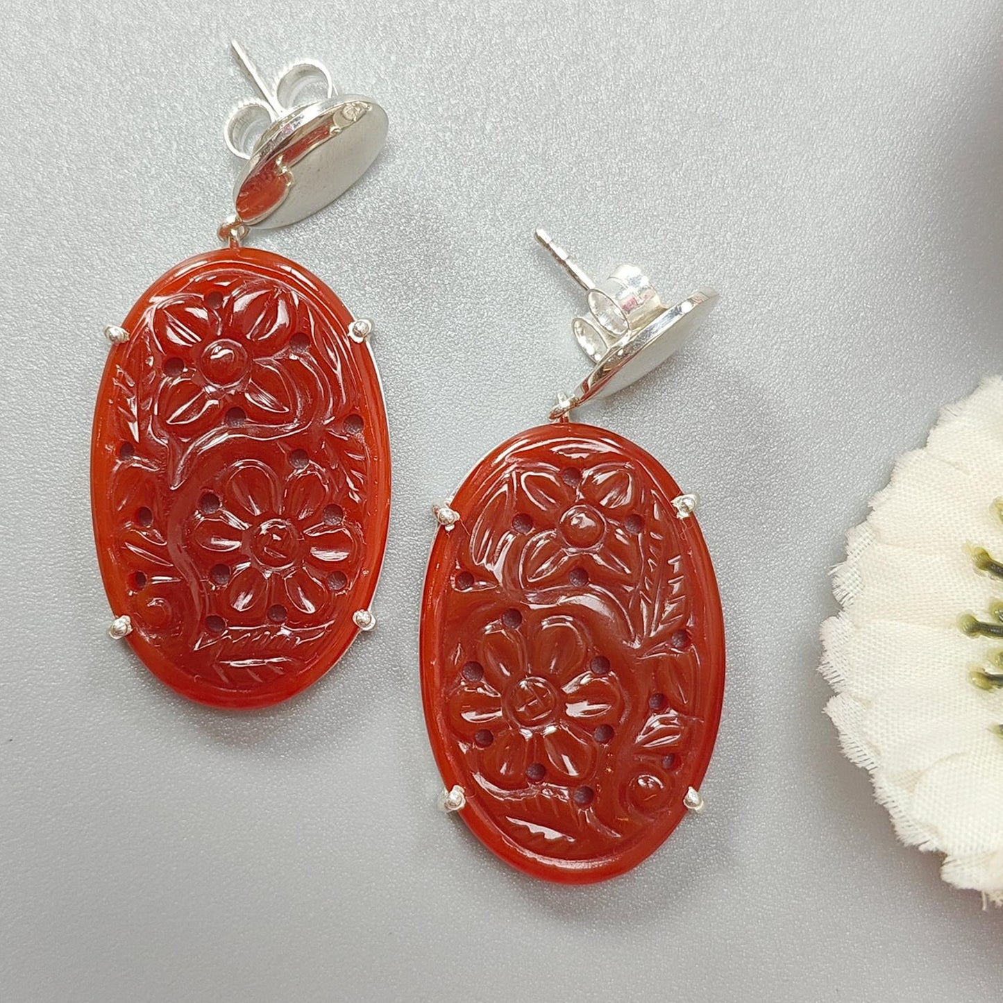 Orange Onyx Carving Silver Earring: 11.70gms Natural Onyx Gemstone Oval Shape Hand Carved 925 Sterling Silver Prong Set Stud Push Back Earring 1.70"