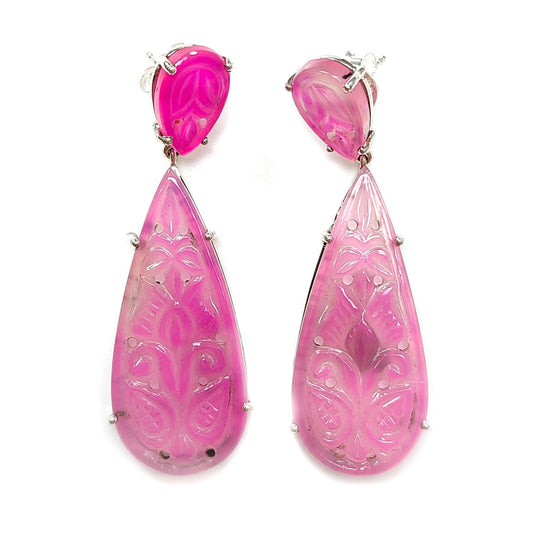 Pink Onyx Carving Silver Earring: 12.00gms Natural Onyx Gemstone Pear Shape Hand Carved 925 Sterling Silver Prong Set Stud Push Back Earring 2.30"
