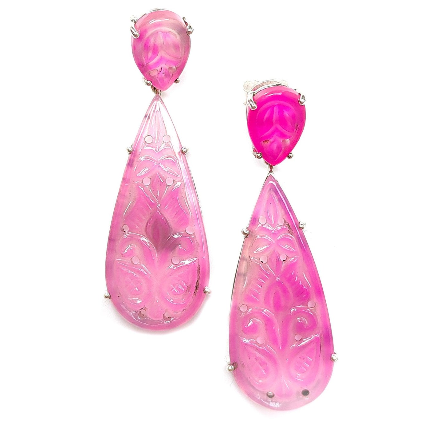 Pink Onyx Carving Silver Earring: 12.00gms Natural Onyx Gemstone Pear Shape Hand Carved 925 Sterling Silver Prong Set Stud Push Back Earring 2.30"