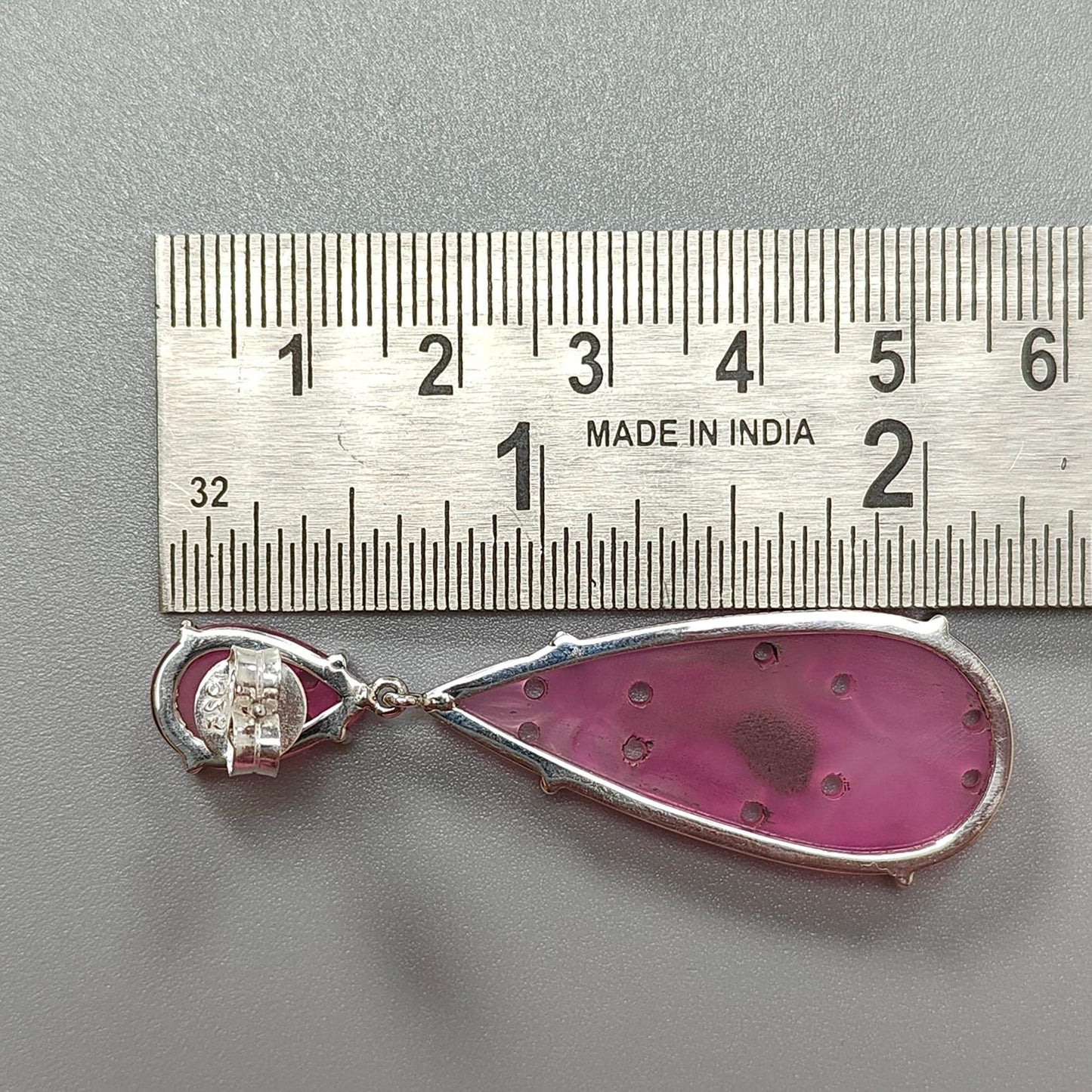 Pink Onyx Carving Silver Earring: 12.00gms Natural Onyx Gemstone Pear Shape Hand Carved 925 Sterling Silver Prong Set Stud Push Back Earring 2.30"