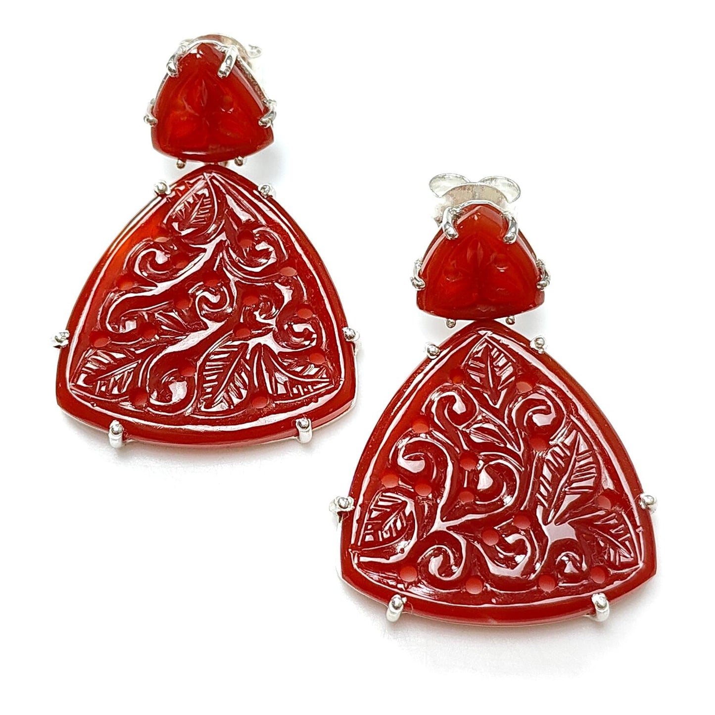 Orange Onyx Carving Silver Earring: 12.36gms Natural Onyx Gemstone Triangle Shape Hand Carved 925 Sterling Silver Prong Set Stud Push Back Earring 1.50"