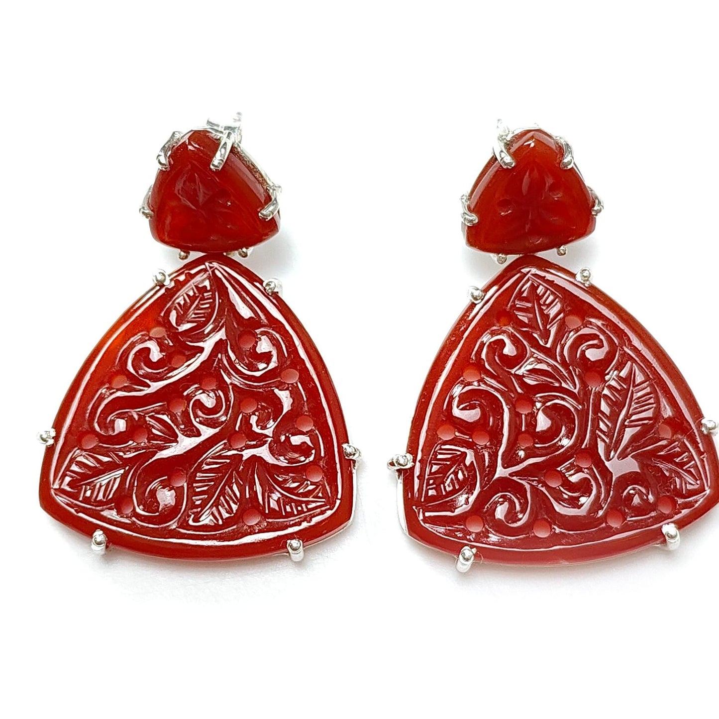 Orange Onyx Carving Silver Earring: 12.36gms Natural Onyx Gemstone Triangle Shape Hand Carved 925 Sterling Silver Prong Set Stud Push Back Earring 1.50"