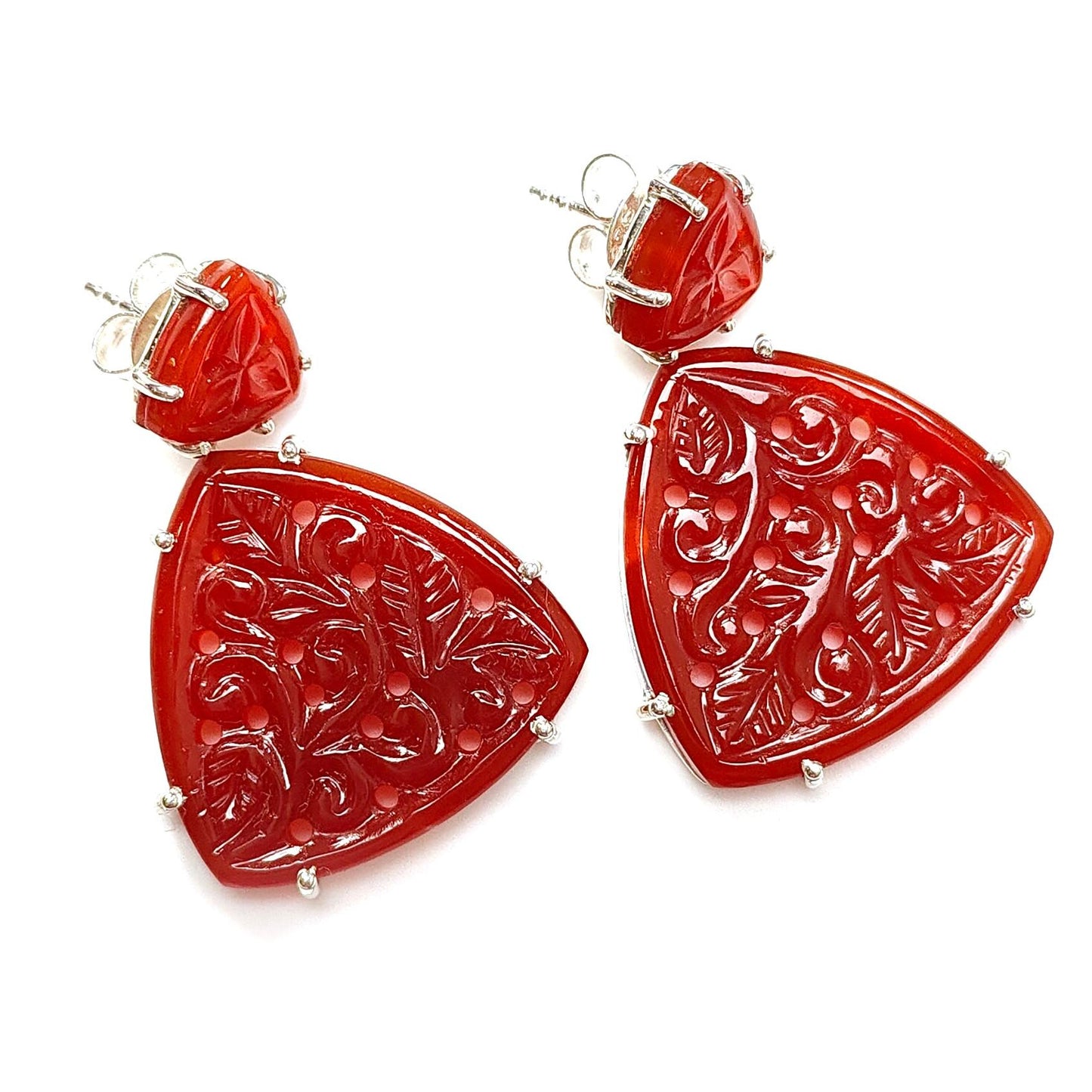 Orange Onyx Carving Silver Earring: 12.36gms Natural Onyx Gemstone Triangle Shape Hand Carved 925 Sterling Silver Prong Set Stud Push Back Earring 1.50"