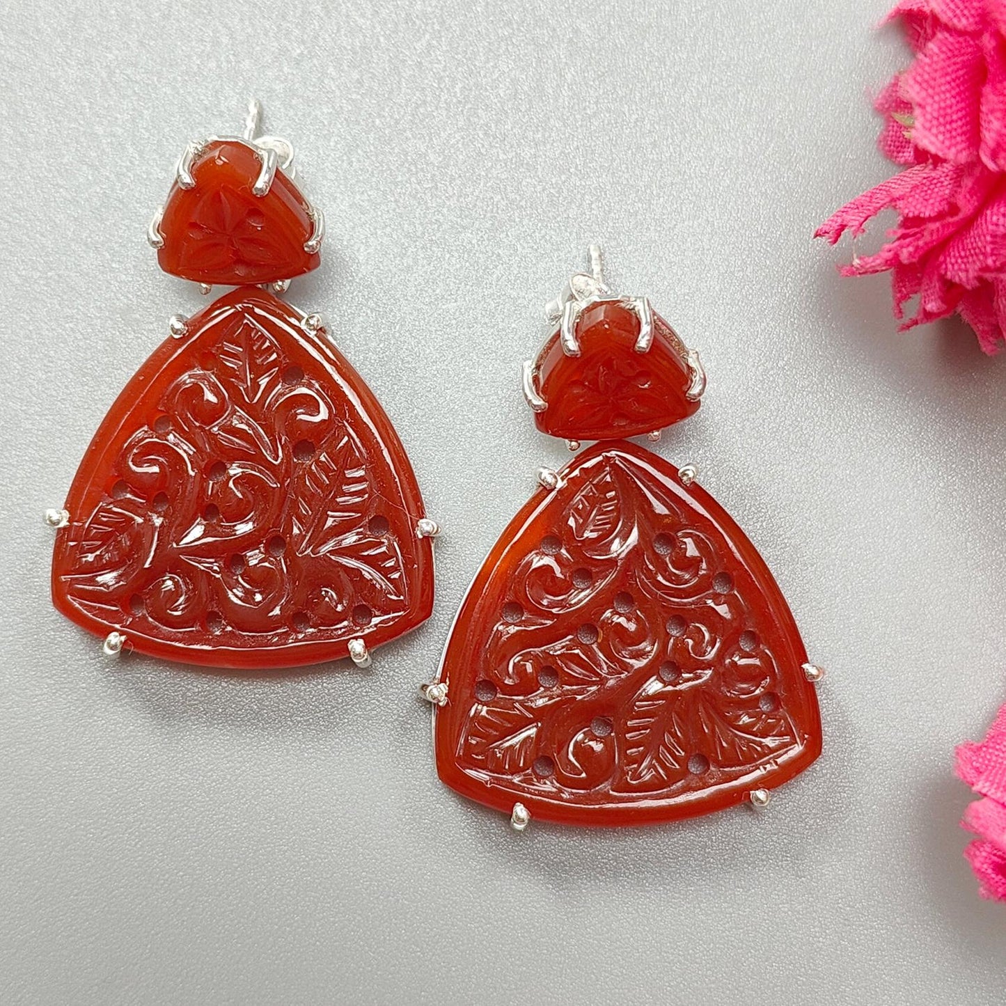 Orange Onyx Carving Silver Earring: 12.36gms Natural Onyx Gemstone Triangle Shape Hand Carved 925 Sterling Silver Prong Set Stud Push Back Earring 1.50"