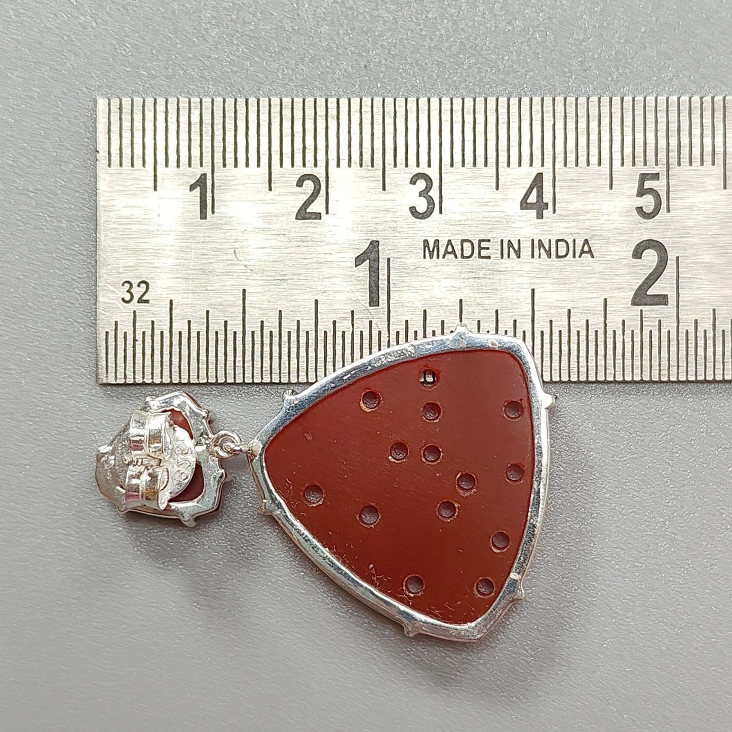 Orange Onyx Carving Silver Earring: 12.36gms Natural Onyx Gemstone Triangle Shape Hand Carved 925 Sterling Silver Prong Set Stud Push Back Earring 1.50"