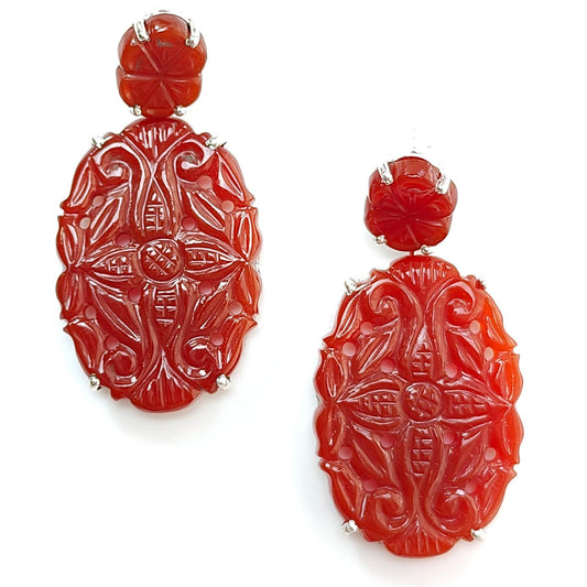 Orange Onyx Carving Silver Earring: 12.72gms Natural Onyx Gemstone Oval Shape Hand Carved 925 Sterling Silver Prong Set Stud Push Back Earring 1.80"