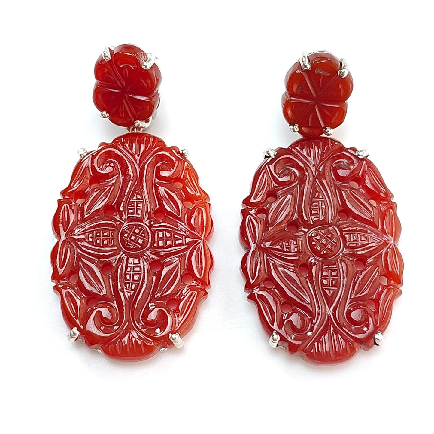 Orange Onyx Carving Silver Earring: 12.72gms Natural Onyx Gemstone Oval Shape Hand Carved 925 Sterling Silver Prong Set Stud Push Back Earring 1.80"