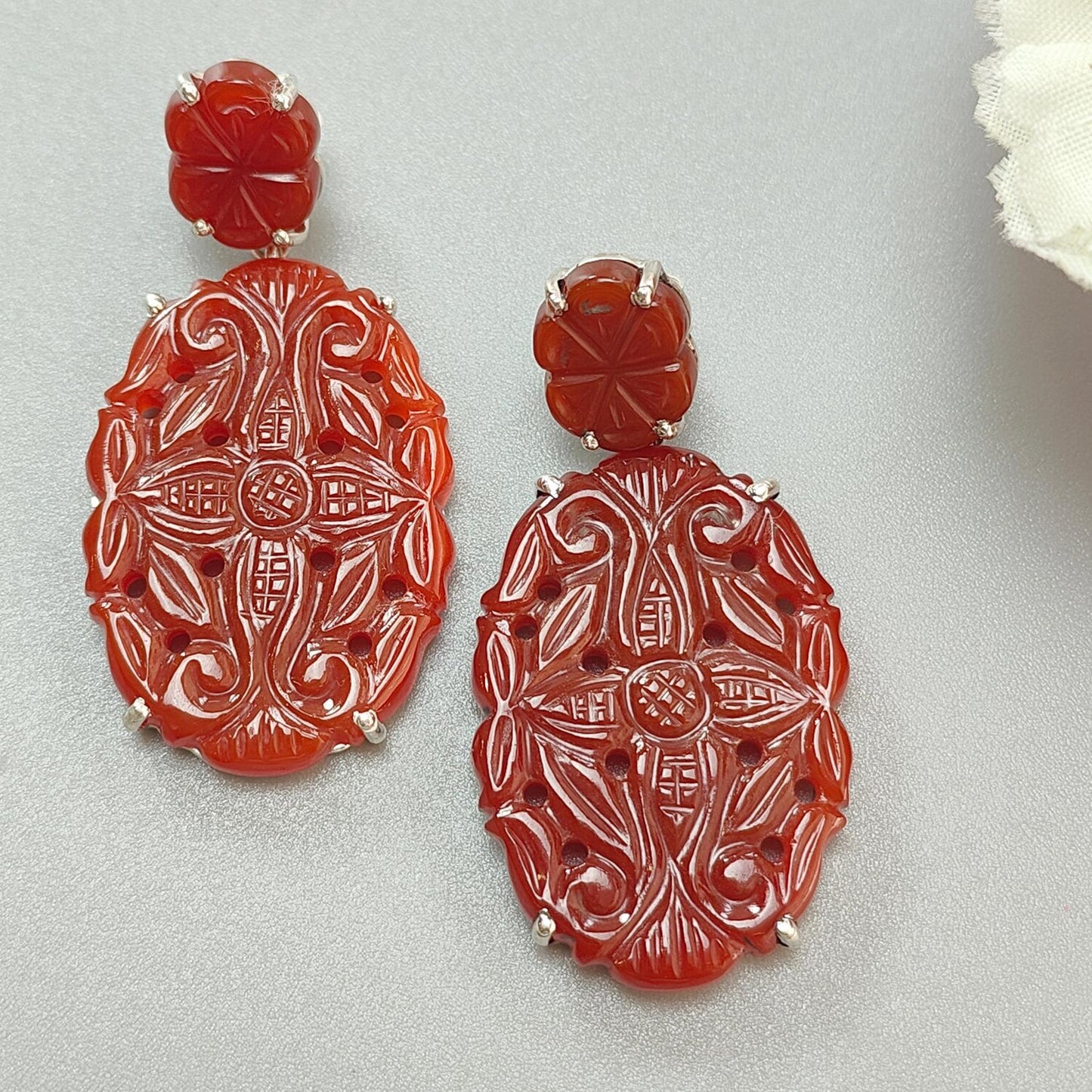 Orange Onyx Carving Silver Earring: 12.72gms Natural Onyx Gemstone Oval Shape Hand Carved 925 Sterling Silver Prong Set Stud Push Back Earring 1.80"