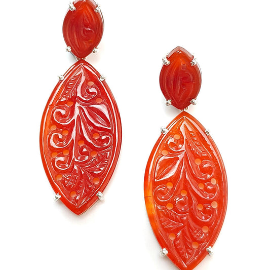 Orange Onyx Carving Silver Earring: 12.72gms Natural Onyx Gemstone Marquise Shape Hand Carved 925 Sterling Silver Prong Set Stud Push Back Earring 2.00"