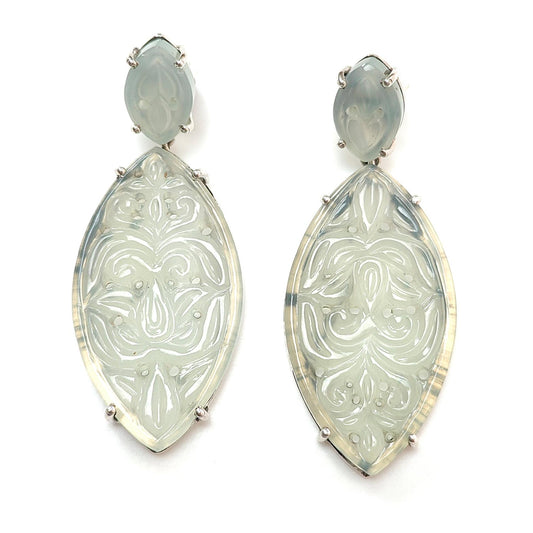 Milky Onyx Carving Silver Earring: 13.16gms Natural Onyx Gemstone Marquise Shape Hand Carved 925 Sterling Silver Prong Set Stud Push Back Earring 2.00"