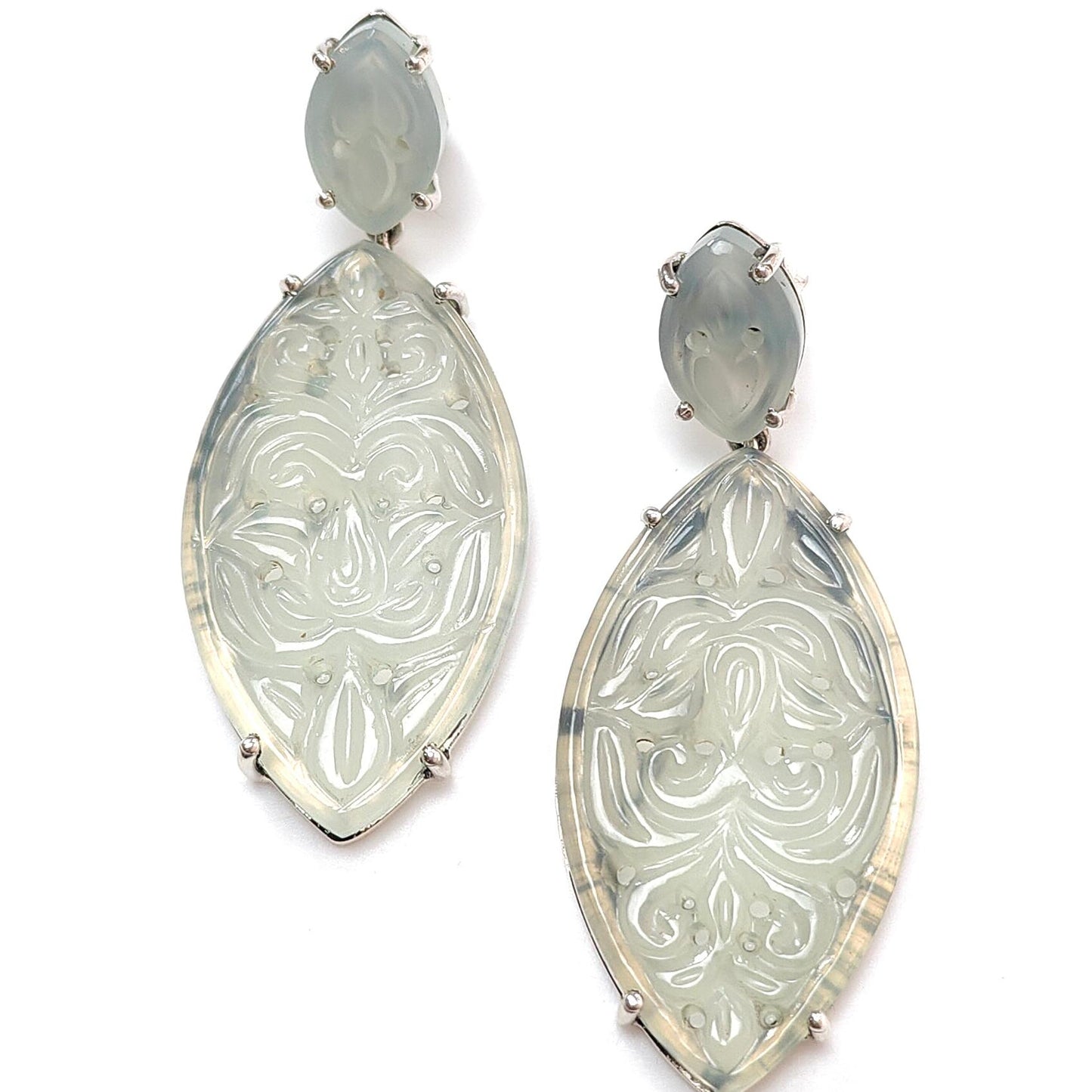 Milky Onyx Carving Silver Earring: 13.16gms Natural Onyx Gemstone Marquise Shape Hand Carved 925 Sterling Silver Prong Set Stud Push Back Earring 2.00"