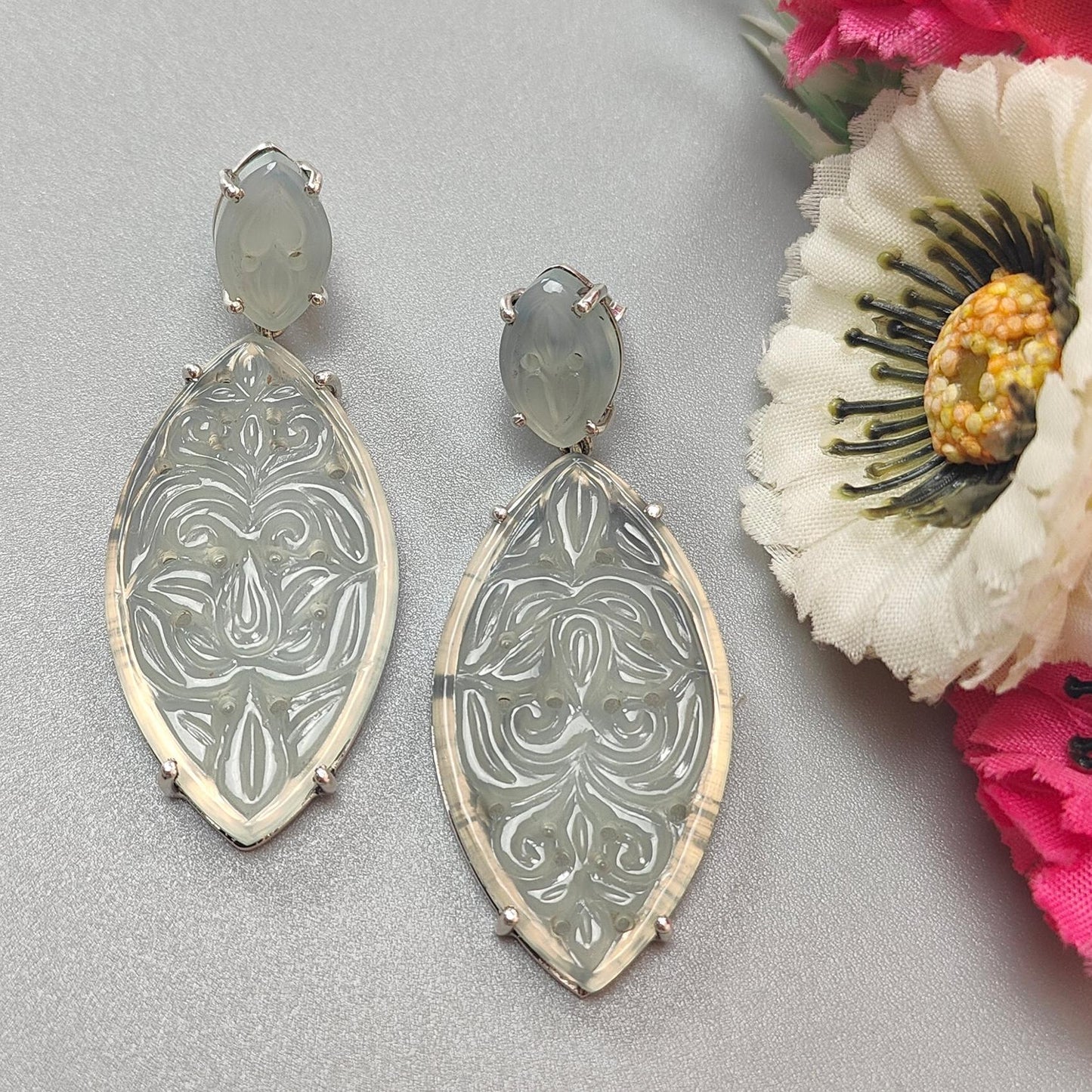 Milky Onyx Carving Silver Earring: 13.16gms Natural Onyx Gemstone Marquise Shape Hand Carved 925 Sterling Silver Prong Set Stud Push Back Earring 2.00"