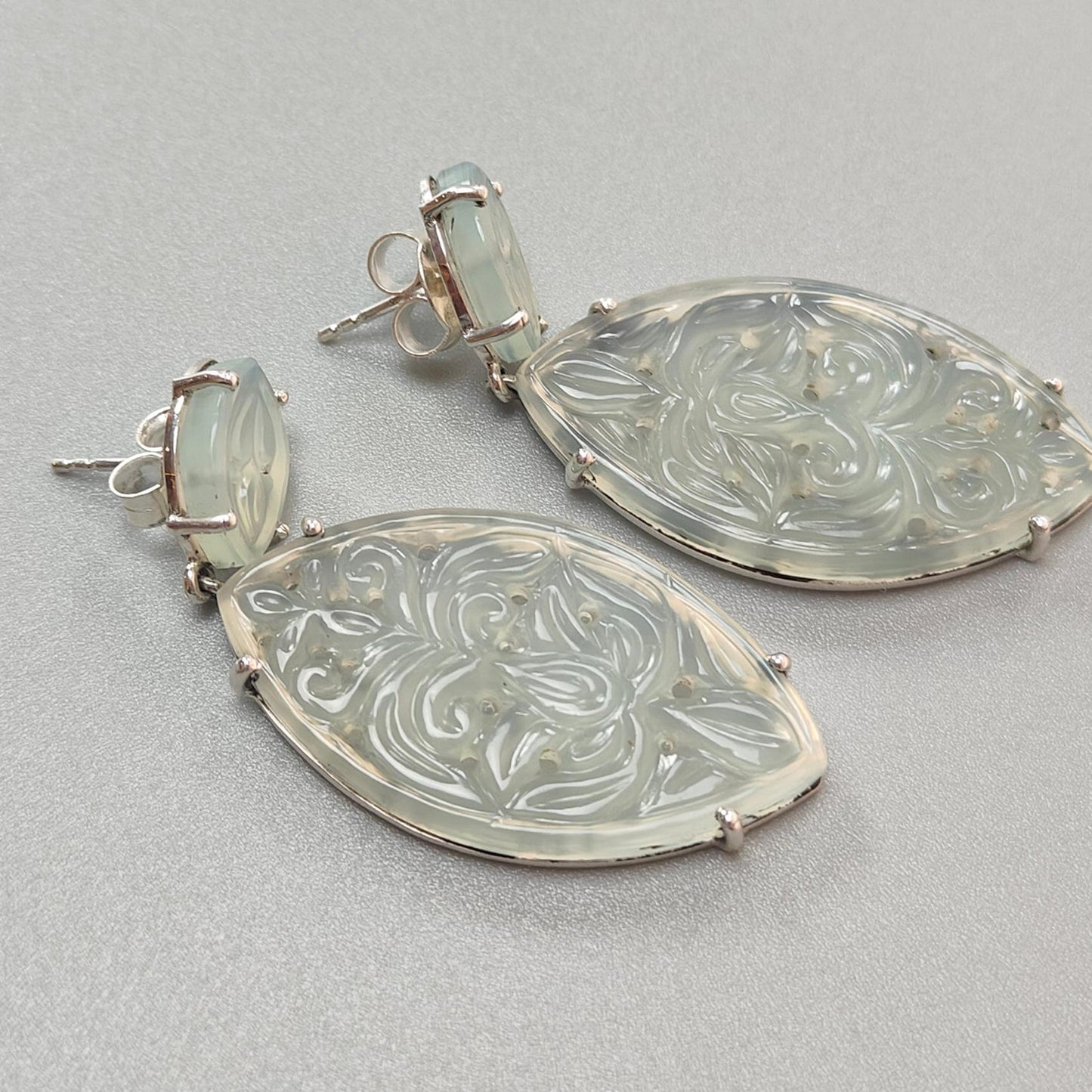 Milky Onyx Carving Silver Earring: 13.16gms Natural Onyx Gemstone Marquise Shape Hand Carved 925 Sterling Silver Prong Set Stud Push Back Earring 2.00"