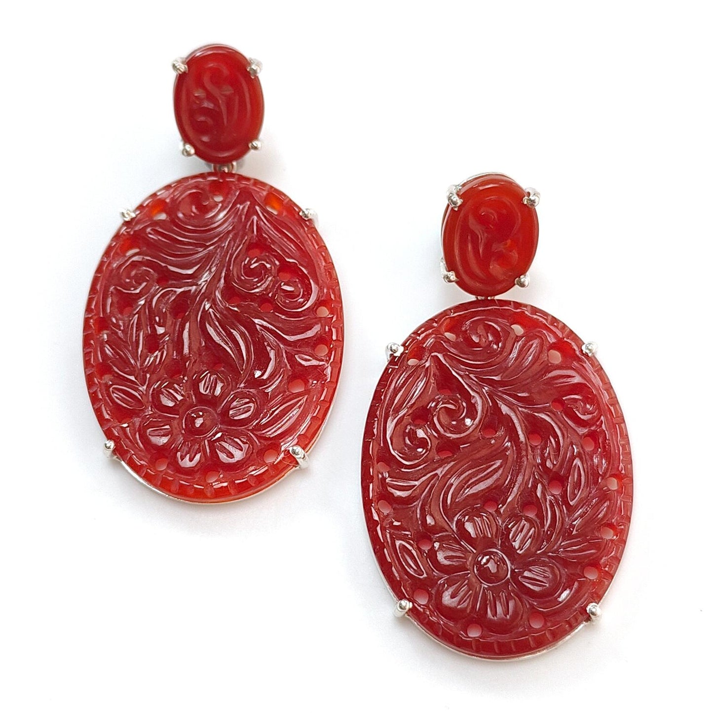 Orange Onyx Carving Silver Earring: 14.77gms Natural Onyx Gemstone Oval Shape Hand Carved 925 Sterling Silver Prong Set Stud Push Back Earring 2.00"