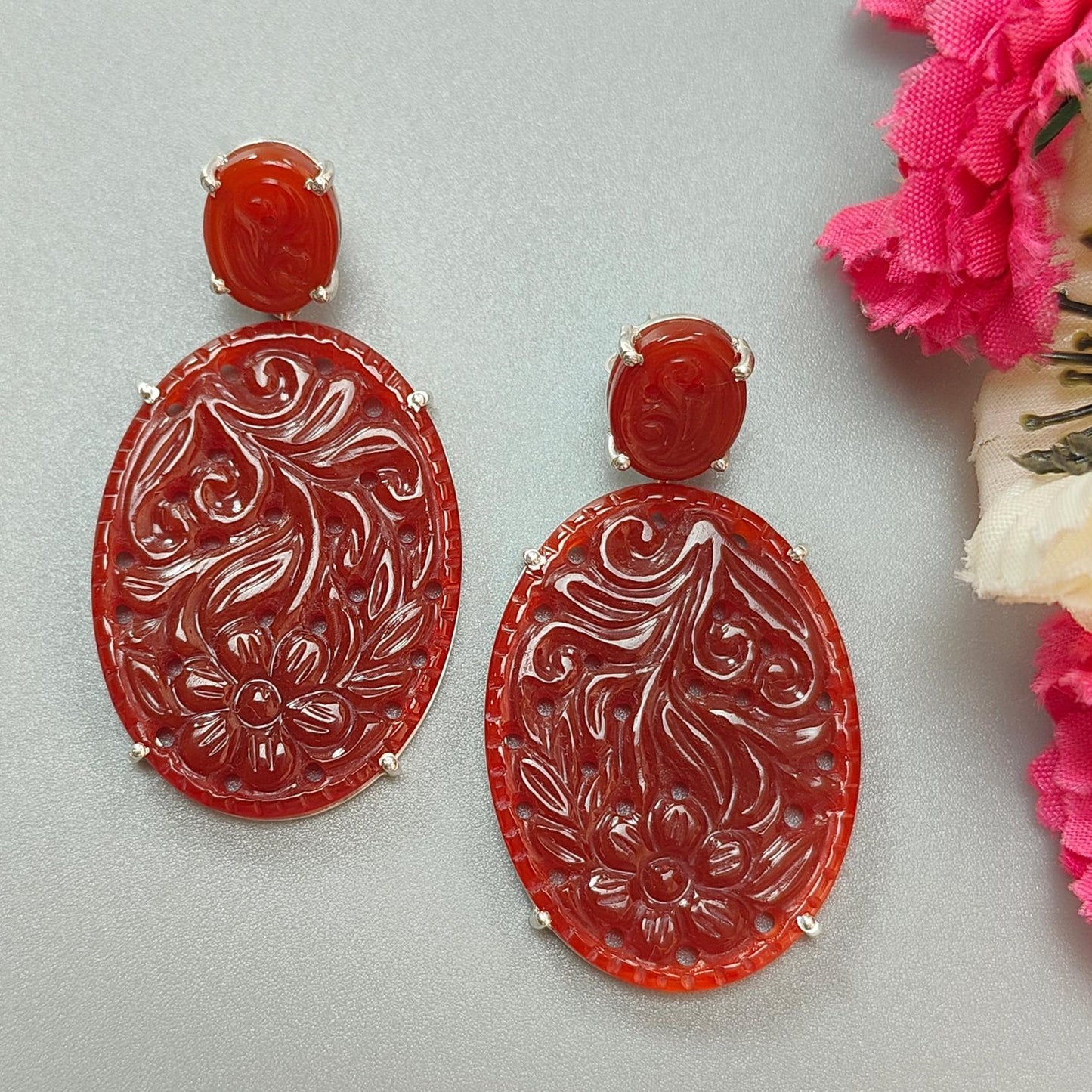 Orange Onyx Carving Silver Earring: 14.77gms Natural Onyx Gemstone Oval Shape Hand Carved 925 Sterling Silver Prong Set Stud Push Back Earring 2.00"