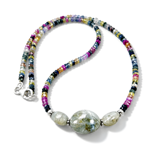 Multi Sapphire, Cat's Eye Beads 925 Silver Necklace