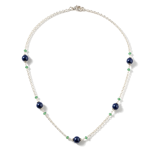 Blue Sapphire Emerald Beads Silver Necklace