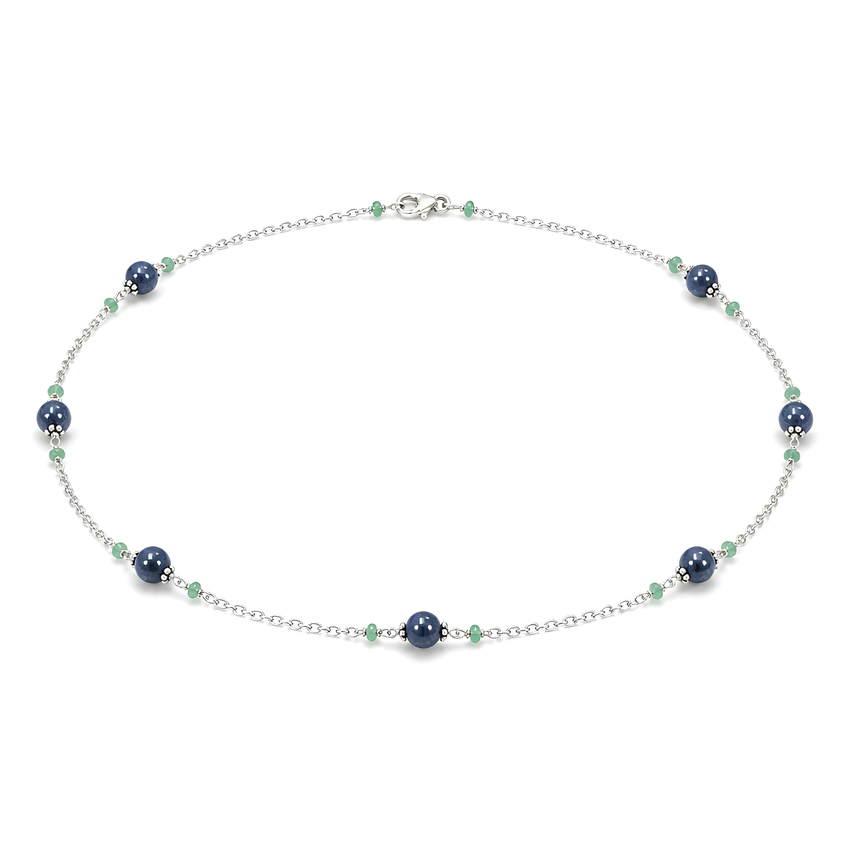 12.66gms Natural Sapphire, Emerald Round Plain Beads 925 Sterling Silver Necklace 18"