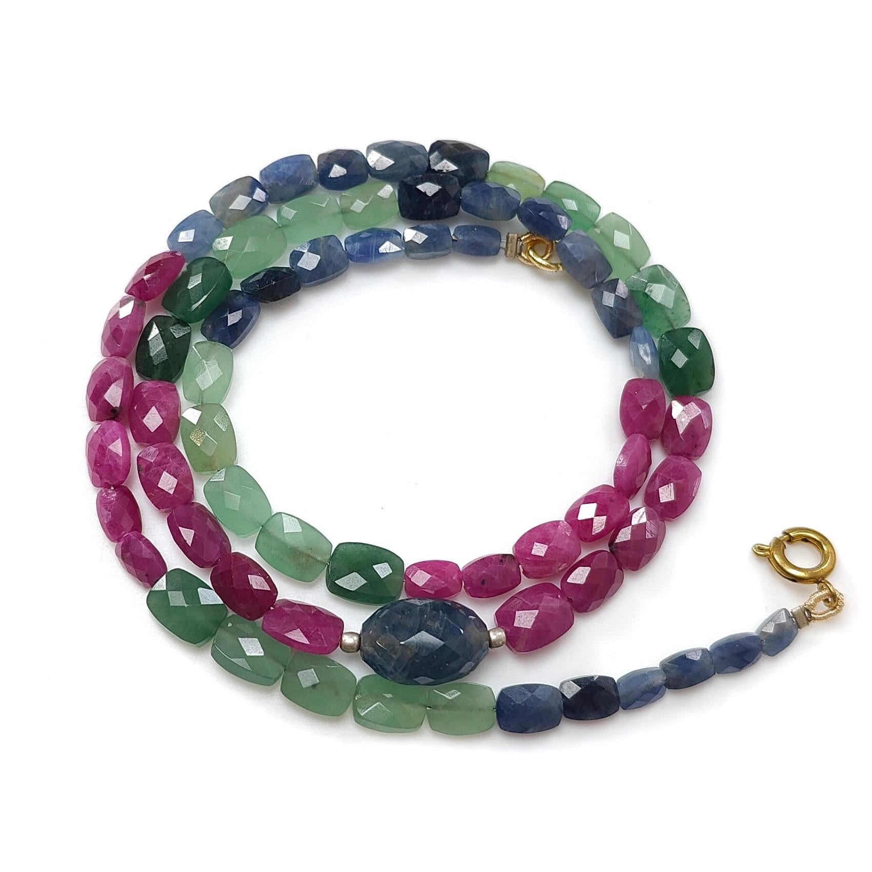 Blue Sapphire, Ruby Quartz Faceted Beads Necklace
