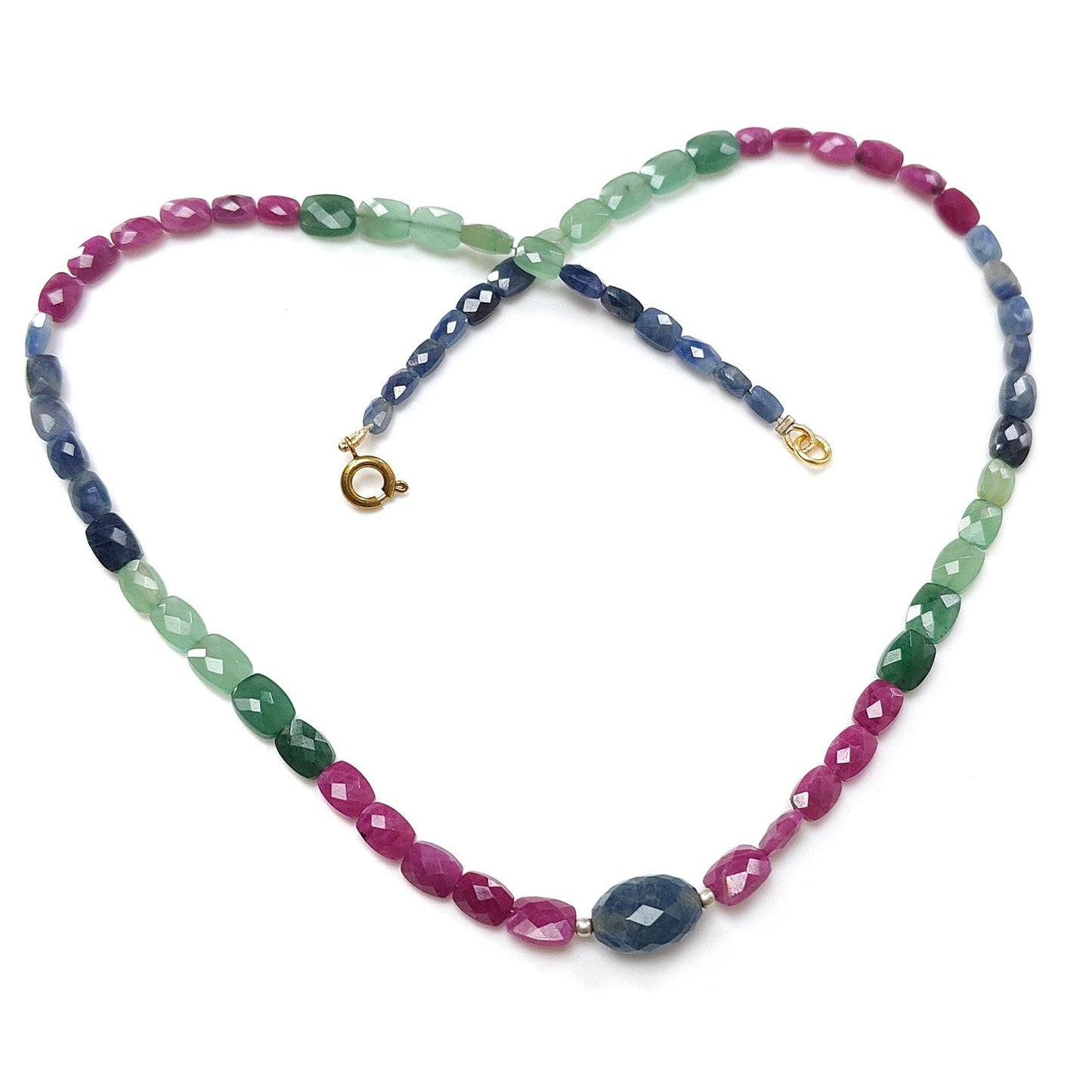 Ruby, Blue Sapphire & Quartz Beads Necklace: 88cts (Approx) Natural Untreated Sapphire Green Quartz Gemstone Faceted Brass Necklace 5*3mm - 8*6mm 18"