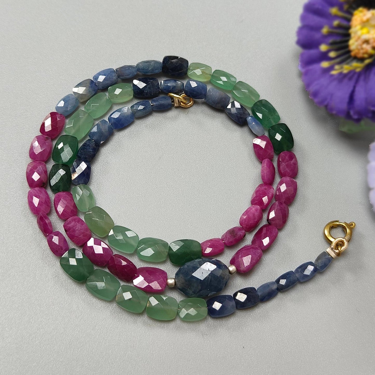 Ruby, Blue Sapphire & Quartz Beads Necklace: 88cts (Approx) Natural Untreated Sapphire Green Quartz Gemstone Faceted Brass Necklace 5*3mm - 8*6mm 18"