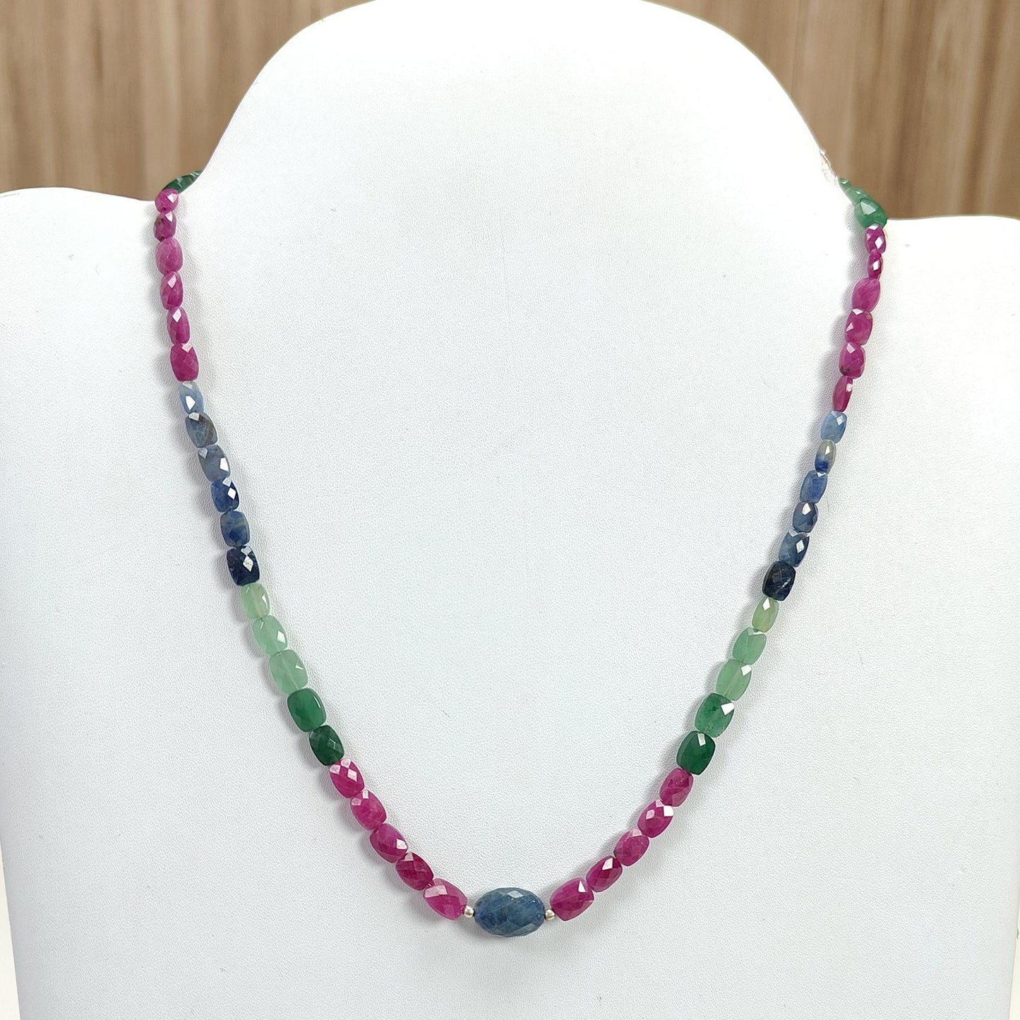 Ruby, Blue Sapphire & Quartz Beads Necklace: 88cts (Approx) Natural Untreated Sapphire Green Quartz Gemstone Faceted Brass Necklace 5*3mm - 8*6mm 18"