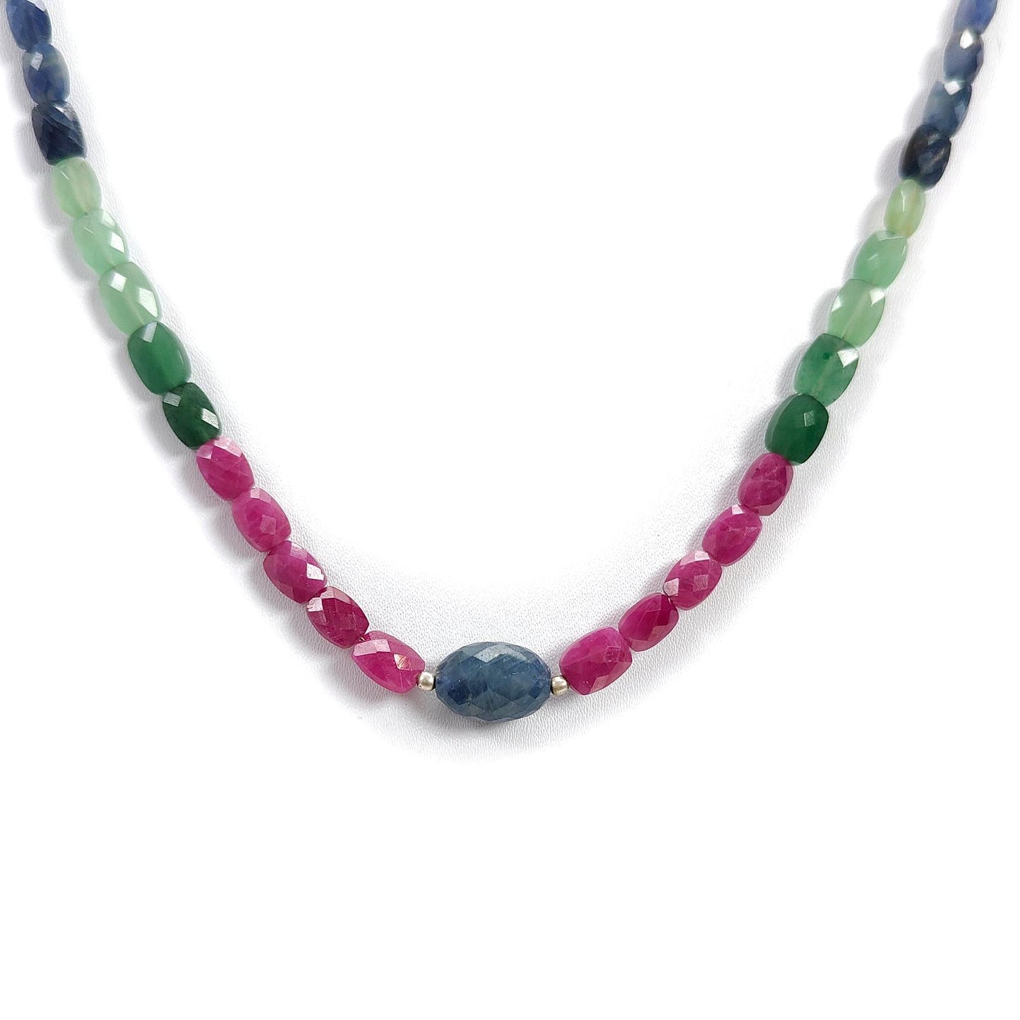 Ruby, Blue Sapphire & Quartz Beads Necklace: 88cts (Approx) Natural Untreated Sapphire Green Quartz Gemstone Faceted Brass Necklace 5*3mm - 8*6mm 18"