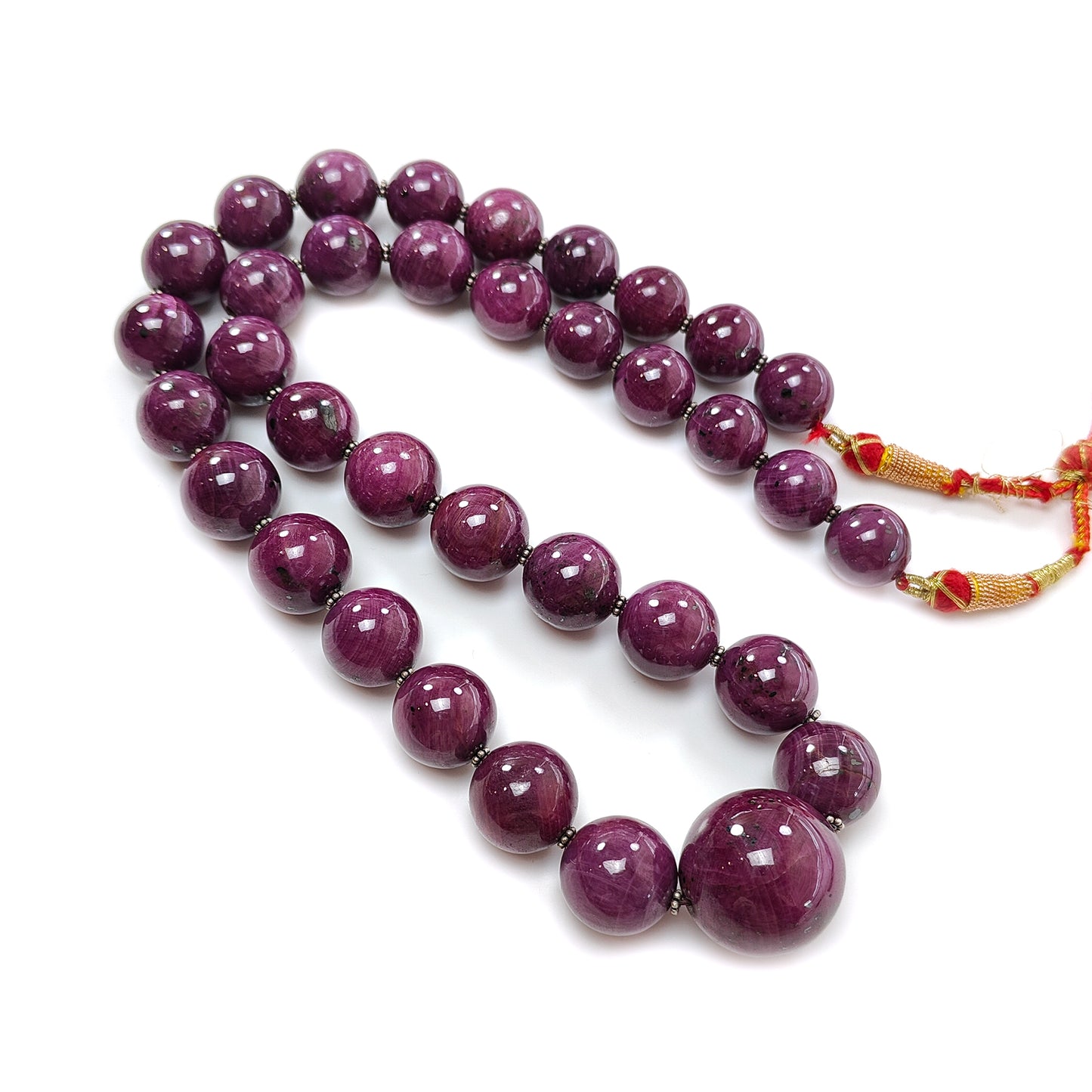 Ruby Gemstone Beads Necklace : 390.26gms Natural Silver Red Ruby Gemstone Plain Round Necklace 15mm - 23mm 25"