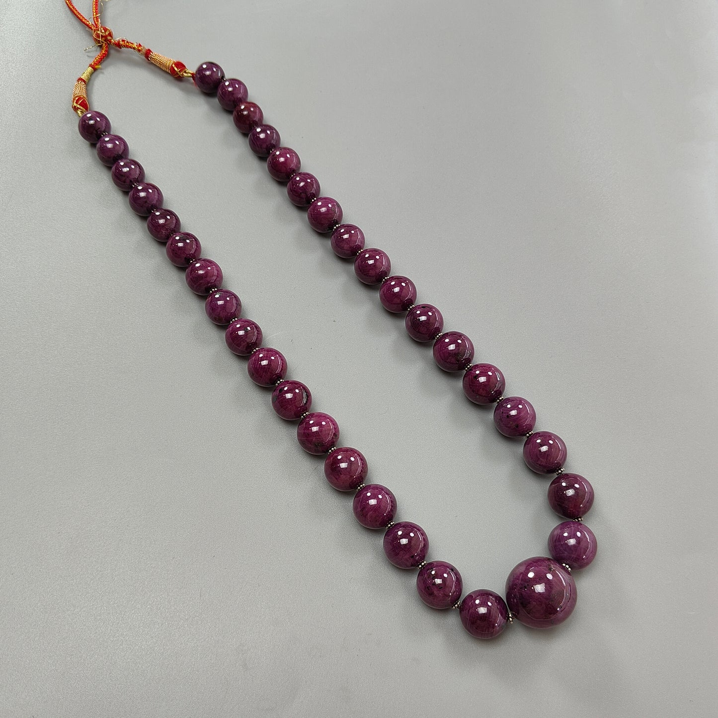 Ruby Gemstone Beads Necklace : 390.26gms Natural Silver Red Ruby Gemstone Plain Round Necklace 15mm - 23mm 25"