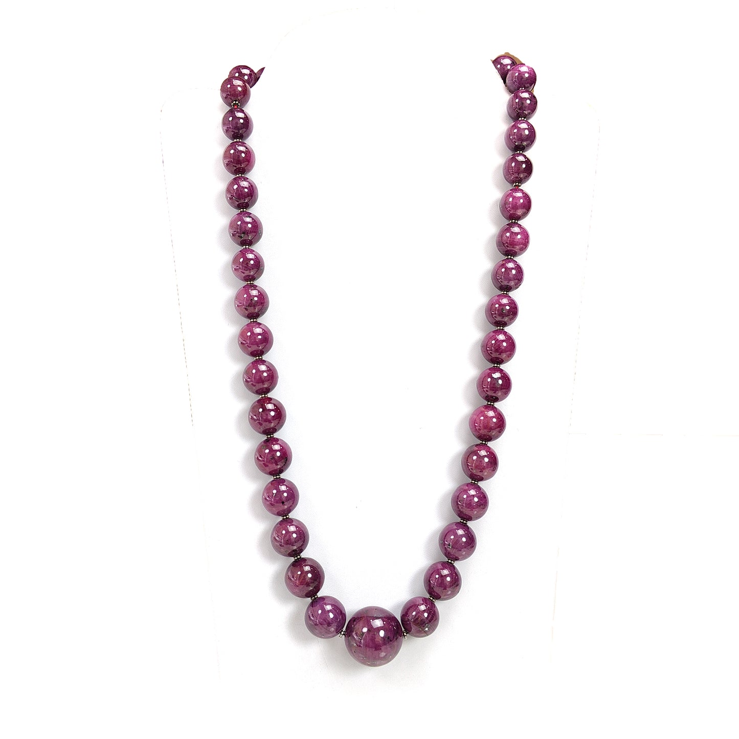 Ruby Gemstone Beads Necklace : 390.26gms Natural Silver Red Ruby Gemstone Plain Round Necklace 15mm - 23mm 25"