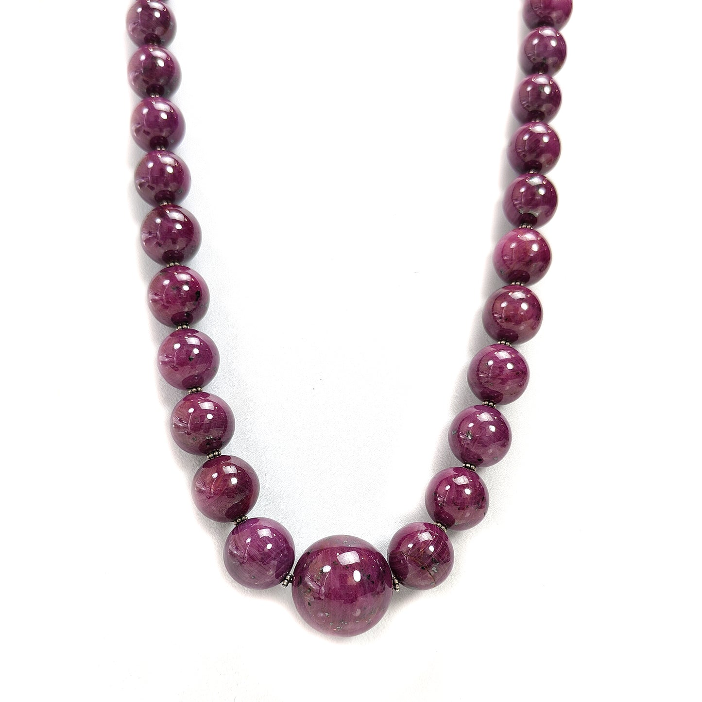 Ruby Gemstone Beads Necklace : 390.26gms Natural Silver Red Ruby Gemstone Plain Round Necklace 15mm - 23mm 25"
