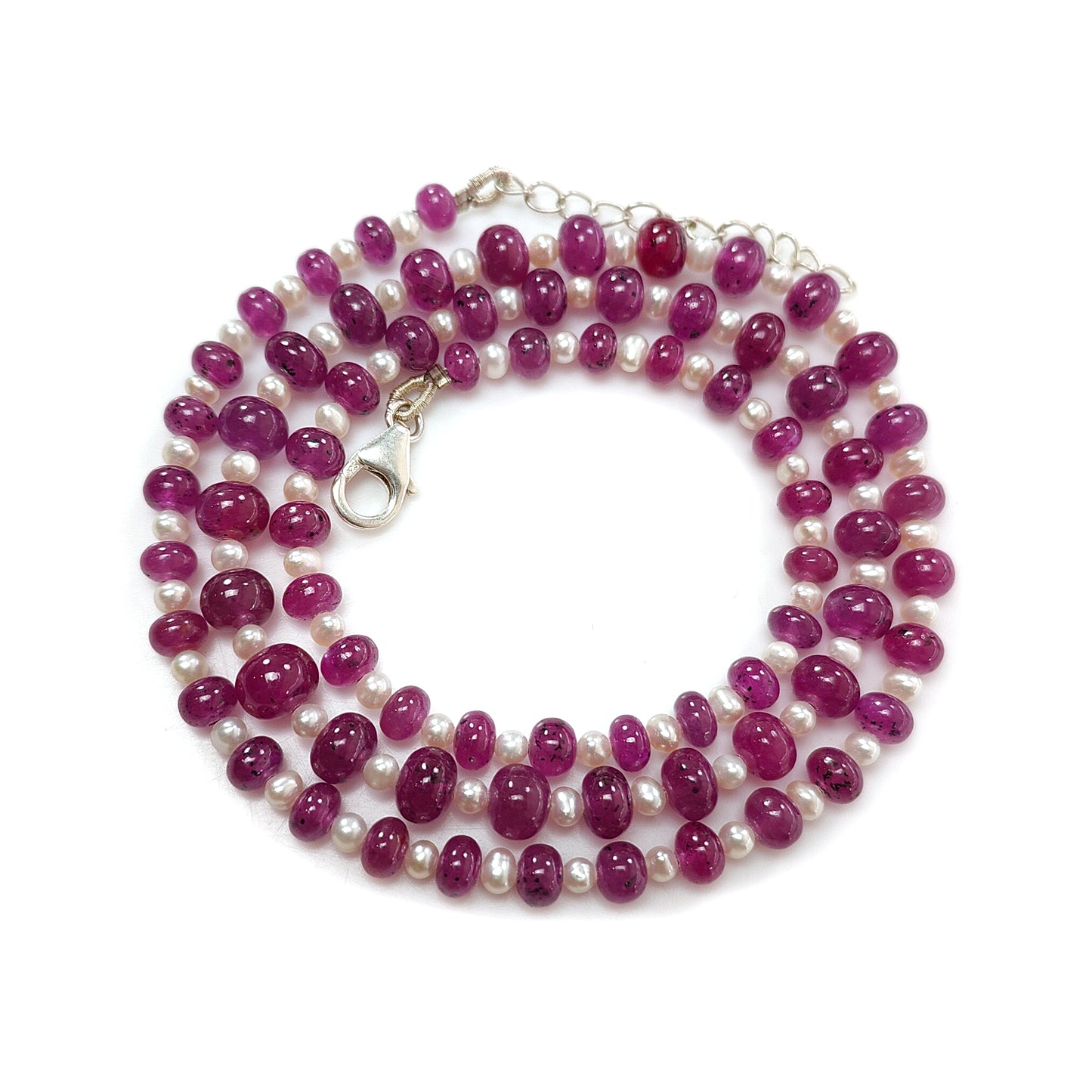 Ruby & White Pearl Gemstone Beads Necklace: 108.75cts 925 Sterling Silver Natural Red Ruby Plain Rondelle Necklace 3mm*4mm - 6.5mm 19"