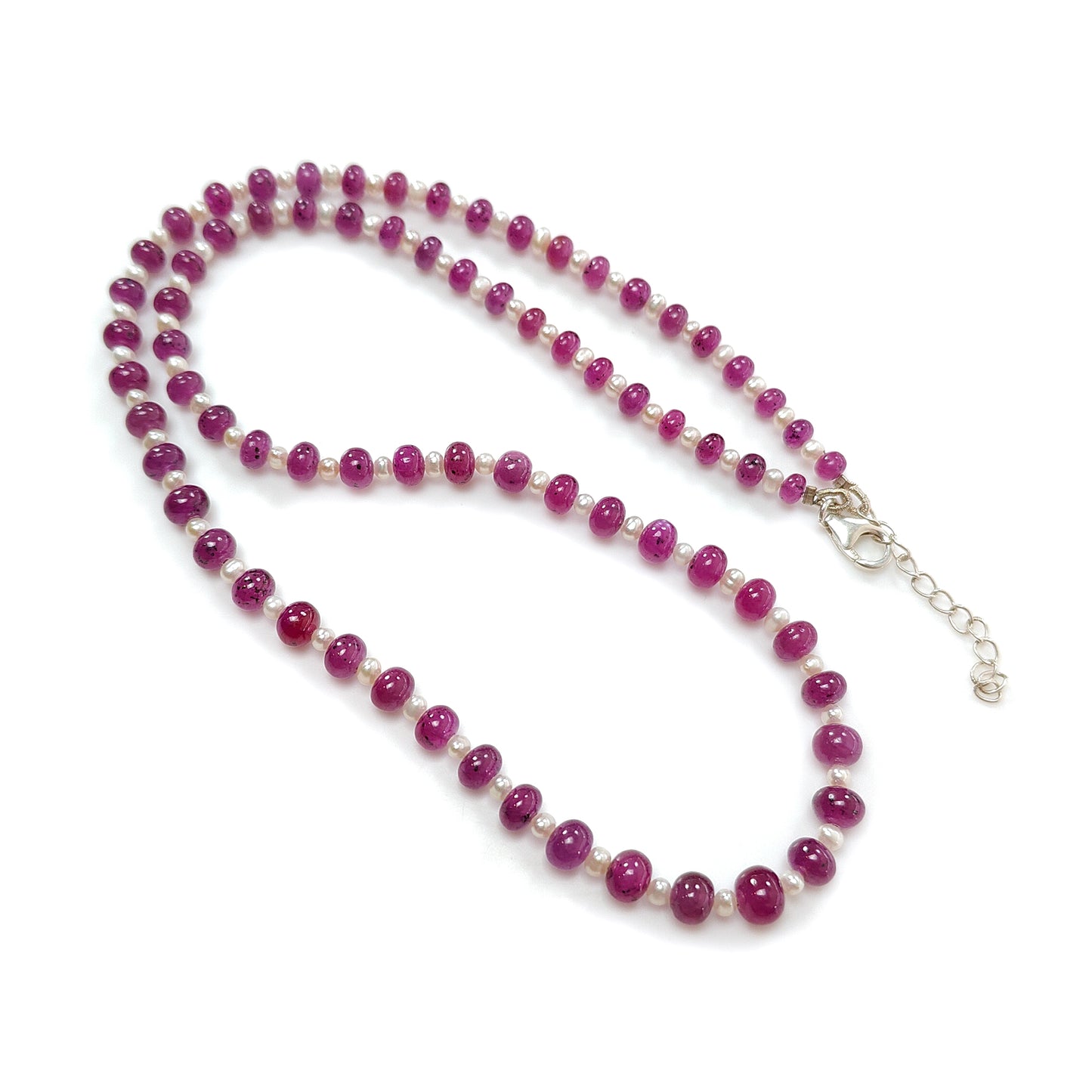 Ruby & White Pearl Gemstone Beads Necklace: 108.75cts 925 Sterling Silver Natural Red Ruby Plain Rondelle Necklace 3mm*4mm - 6.5mm 19"