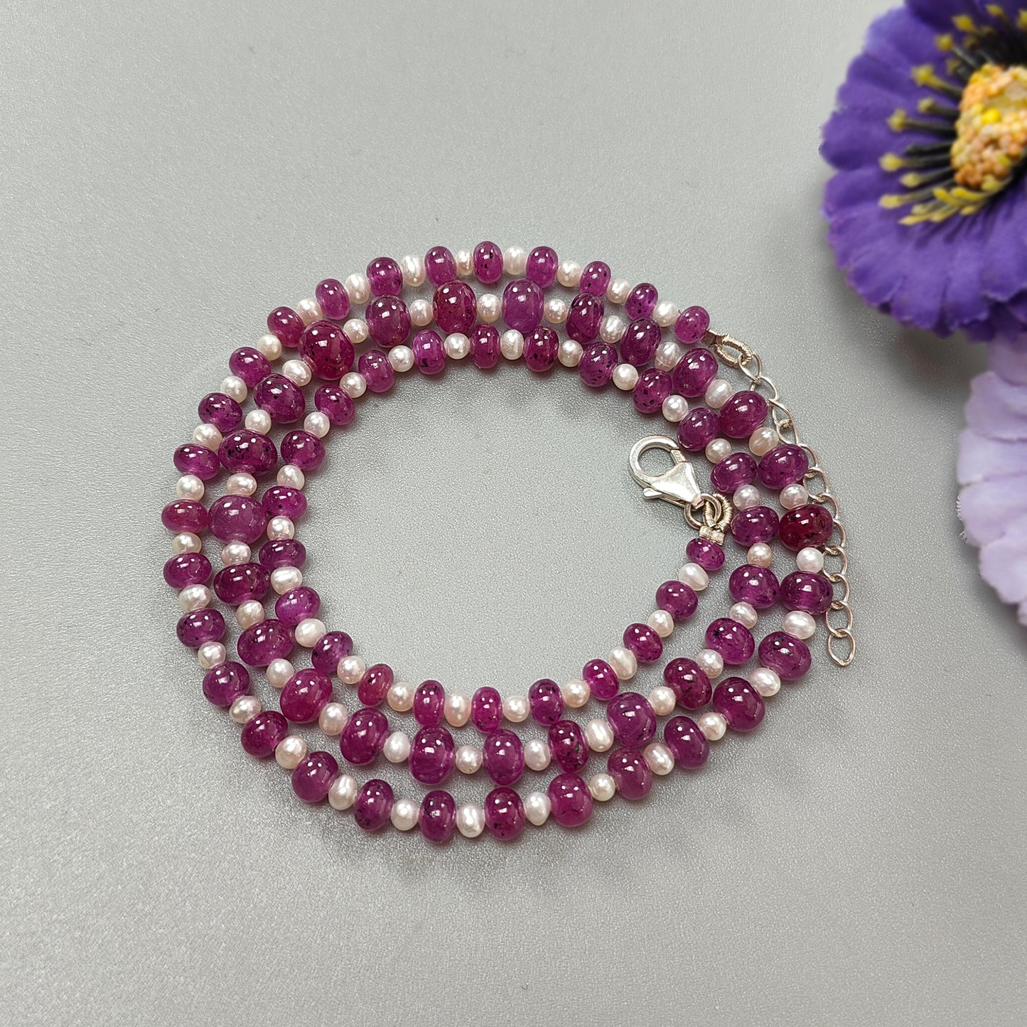 Ruby & White Pearl Gemstone Beads Necklace: 108.75cts 925 Sterling Silver Natural Red Ruby Plain Rondelle Necklace 3mm*4mm - 6.5mm 19"