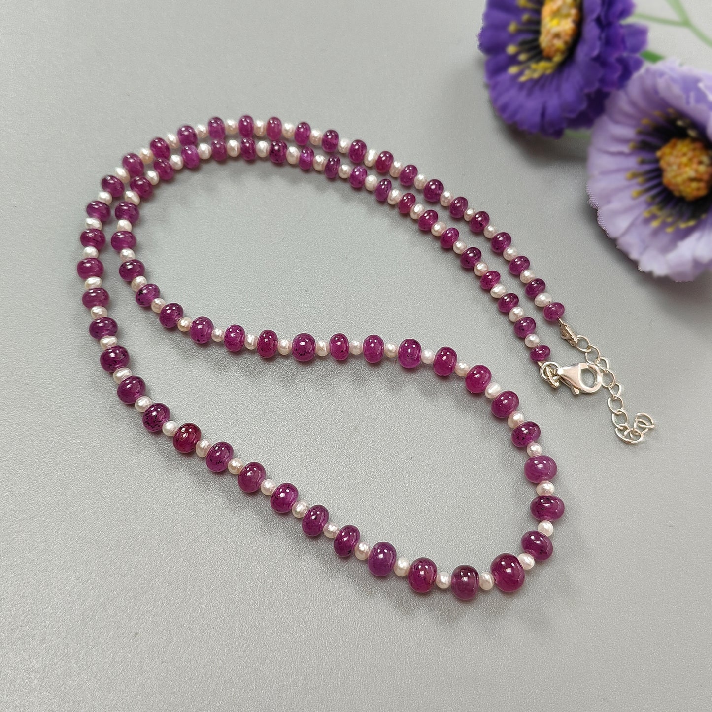 Ruby & White Pearl Gemstone Beads Necklace: 108.75cts 925 Sterling Silver Natural Red Ruby Plain Rondelle Necklace 3mm*4mm - 6.5mm 19"